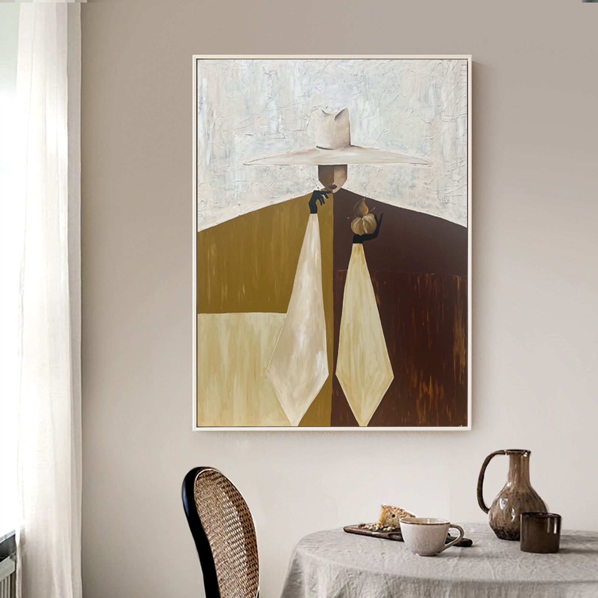 Hand-Painted Mid-Century Modern Abstract Portrait - Earthy Wall Art