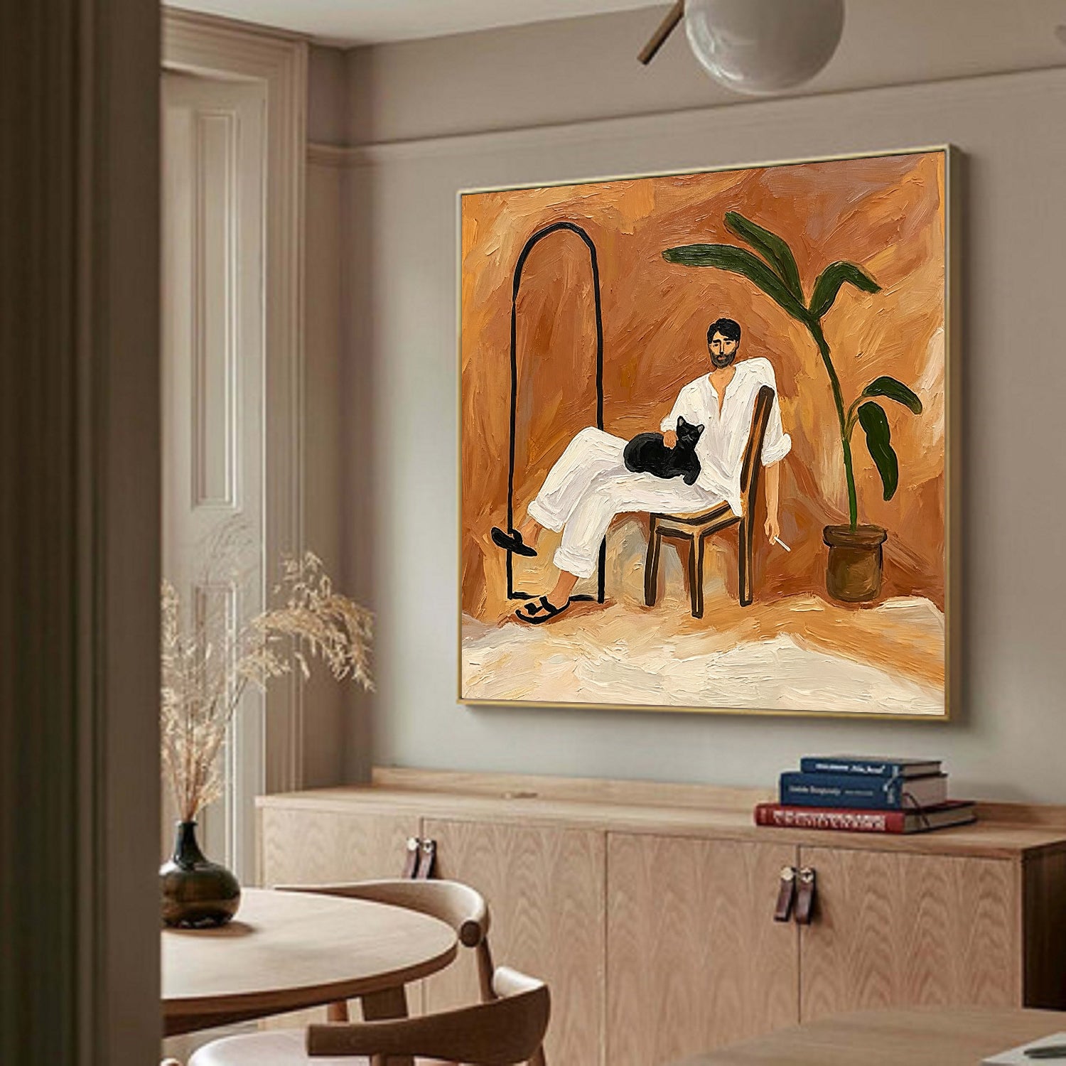 Hand-Painted Portrait Oil Painting - Man with Black Cat, Mid-Century Modern Wall Art