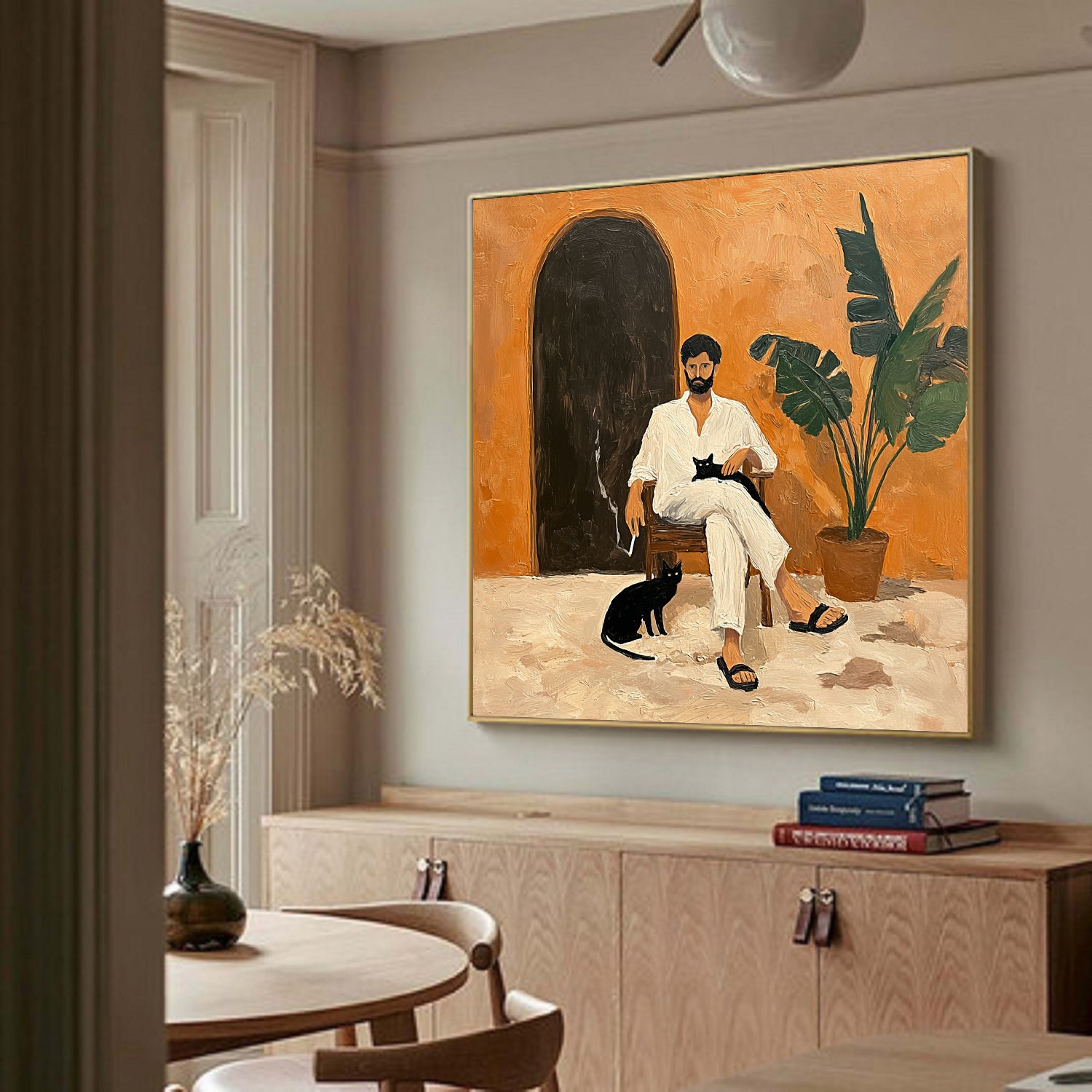 Minimalist Portrait with Black Cat - Wabi-Sabi Art Decor, Textured Earthy Tones
