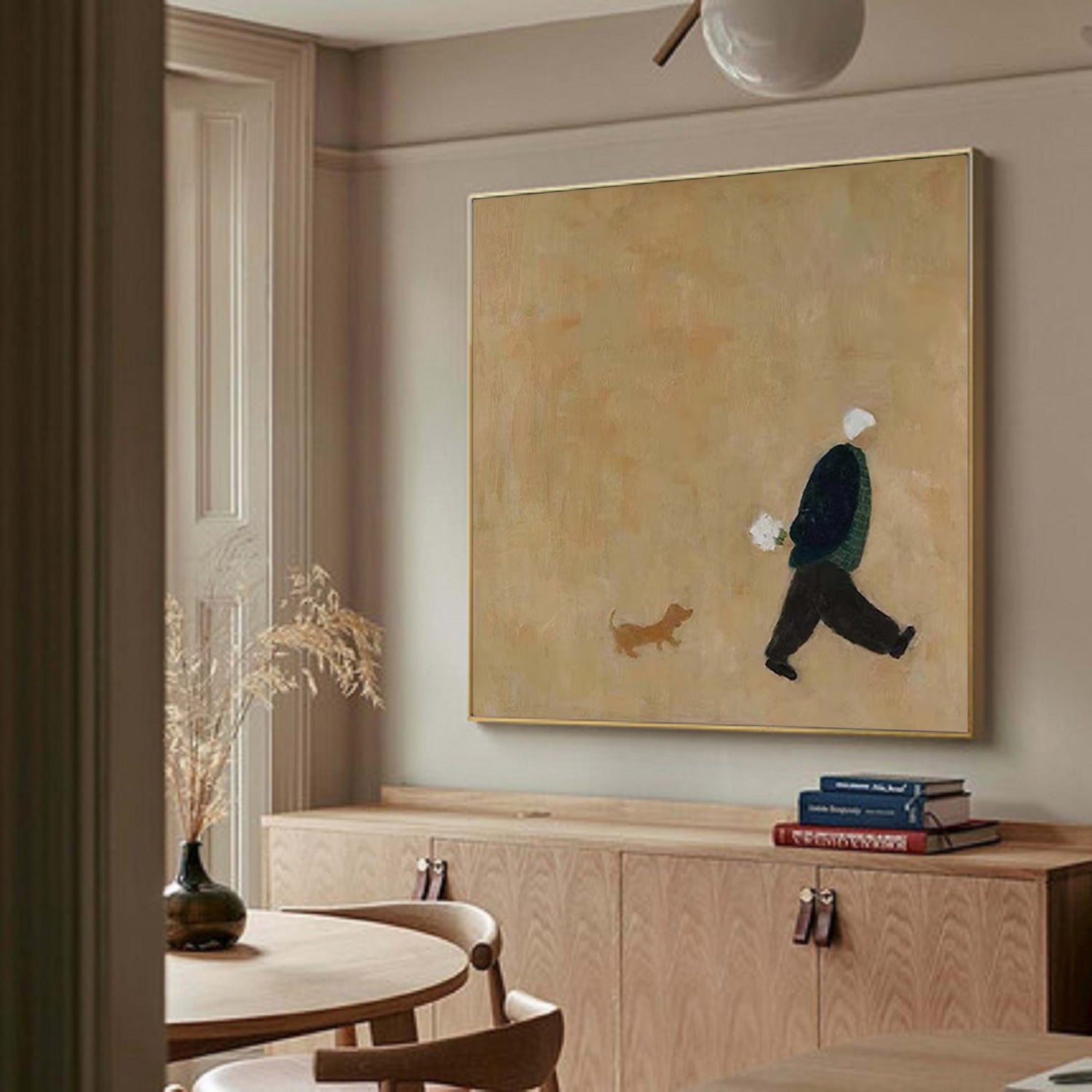Old man walking with puppy Oil Painting Brown Hand-Painted Canvas Art 