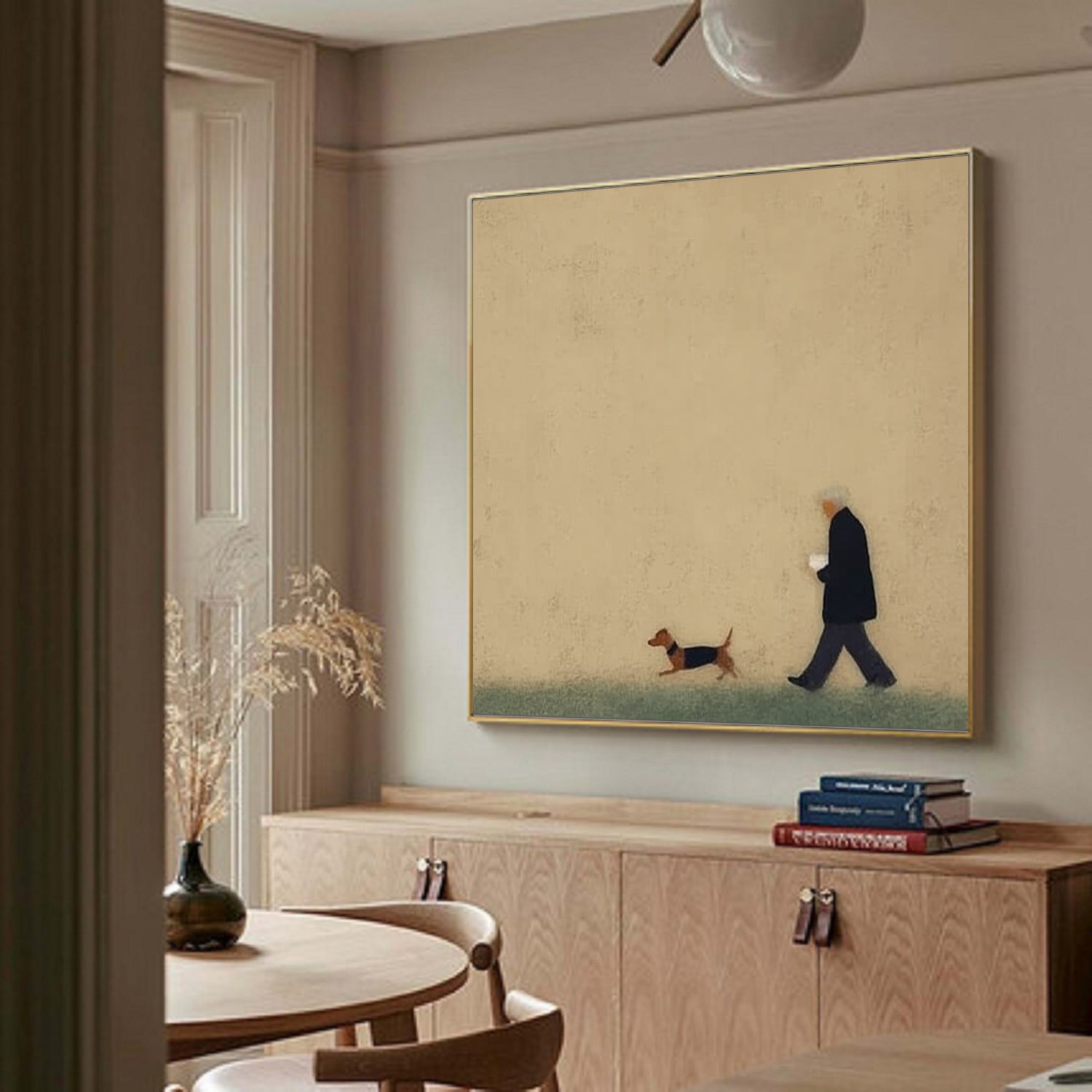 Man and puppy walking Oil Painting Brown Hand-Painted Canvas Art 