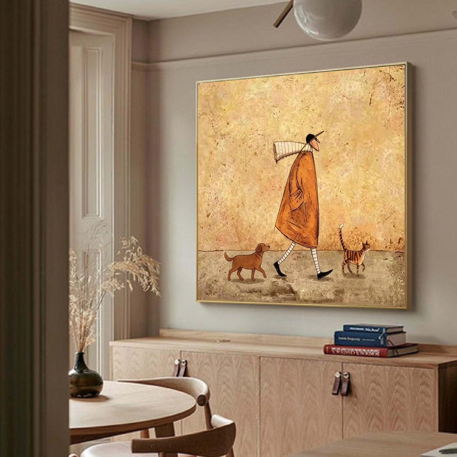 Hand Painted Whimsical Man Walking Dog and Cat Wall Art, Vintage Rustic Pet Lover Painting