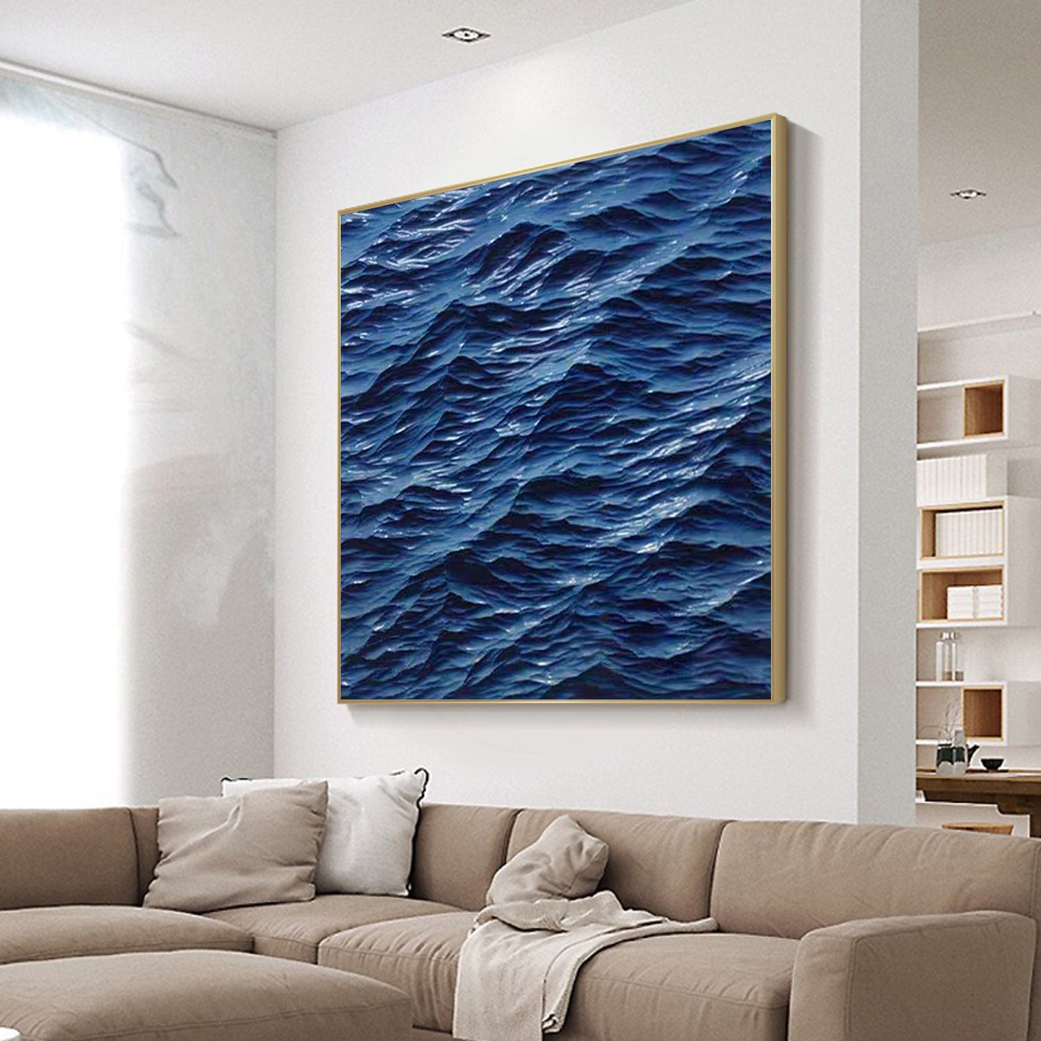 Wood carving wall art Sculptured wall art blue ocean wave texture art