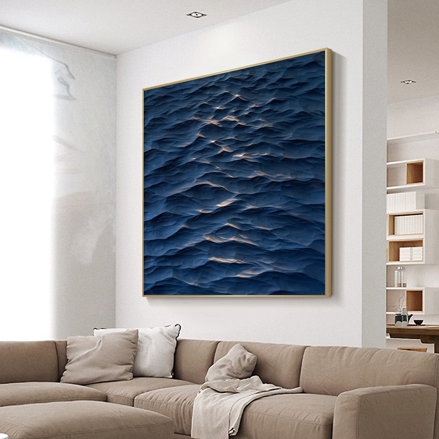 Sculptured wall art Wood carving wall art blue ocean wave texture art 