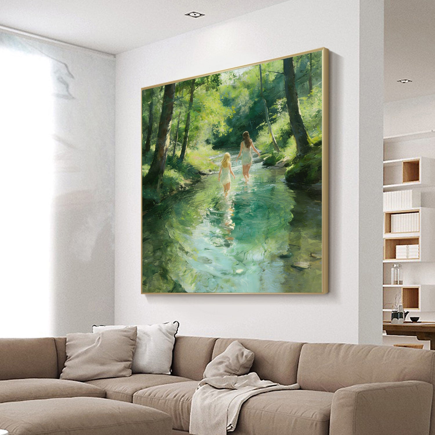 Hand-Painted Summer Lakeside Landscape Art large Green Landscape painting 