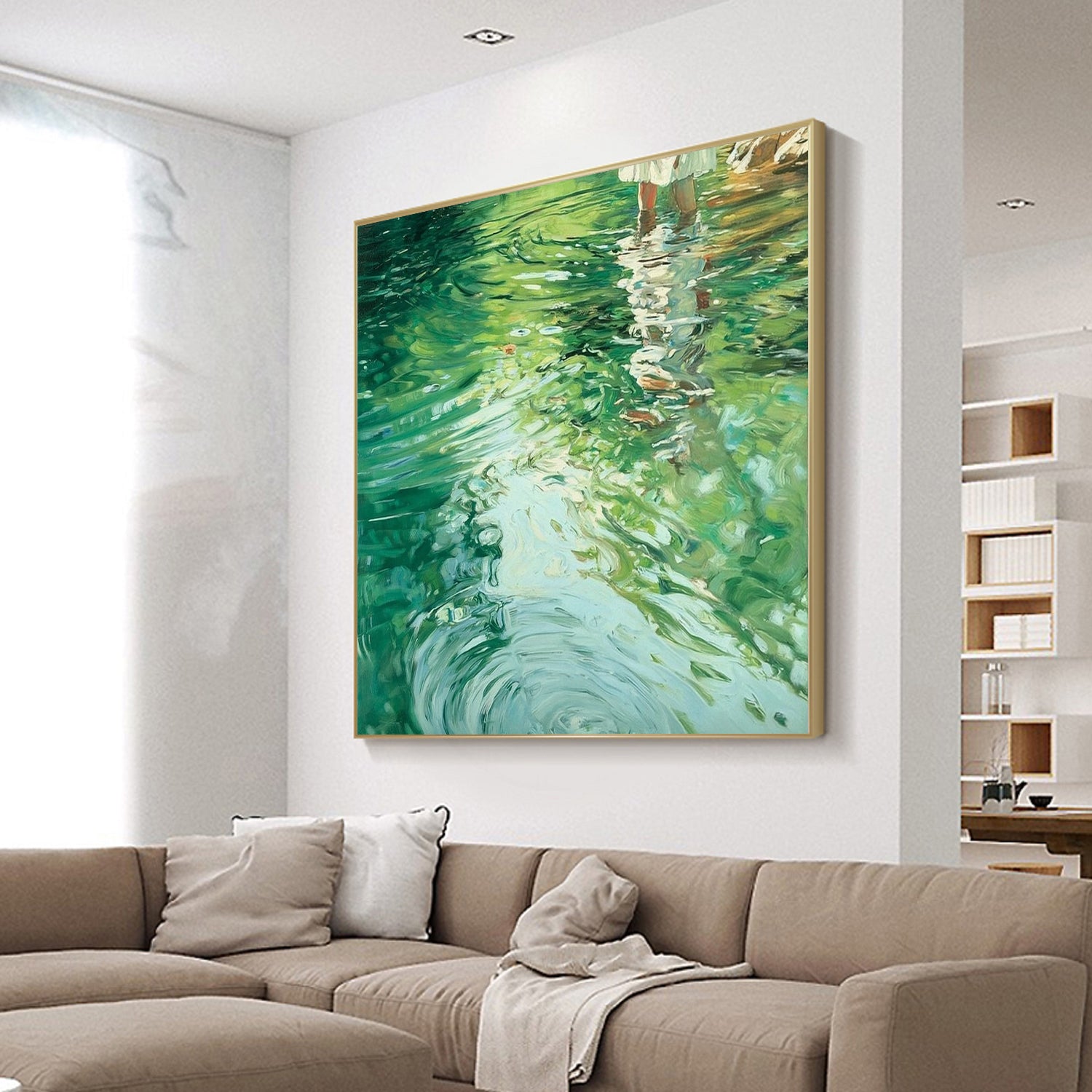 Oil painting of a girl on water, lakeside painting, green textured landscape art