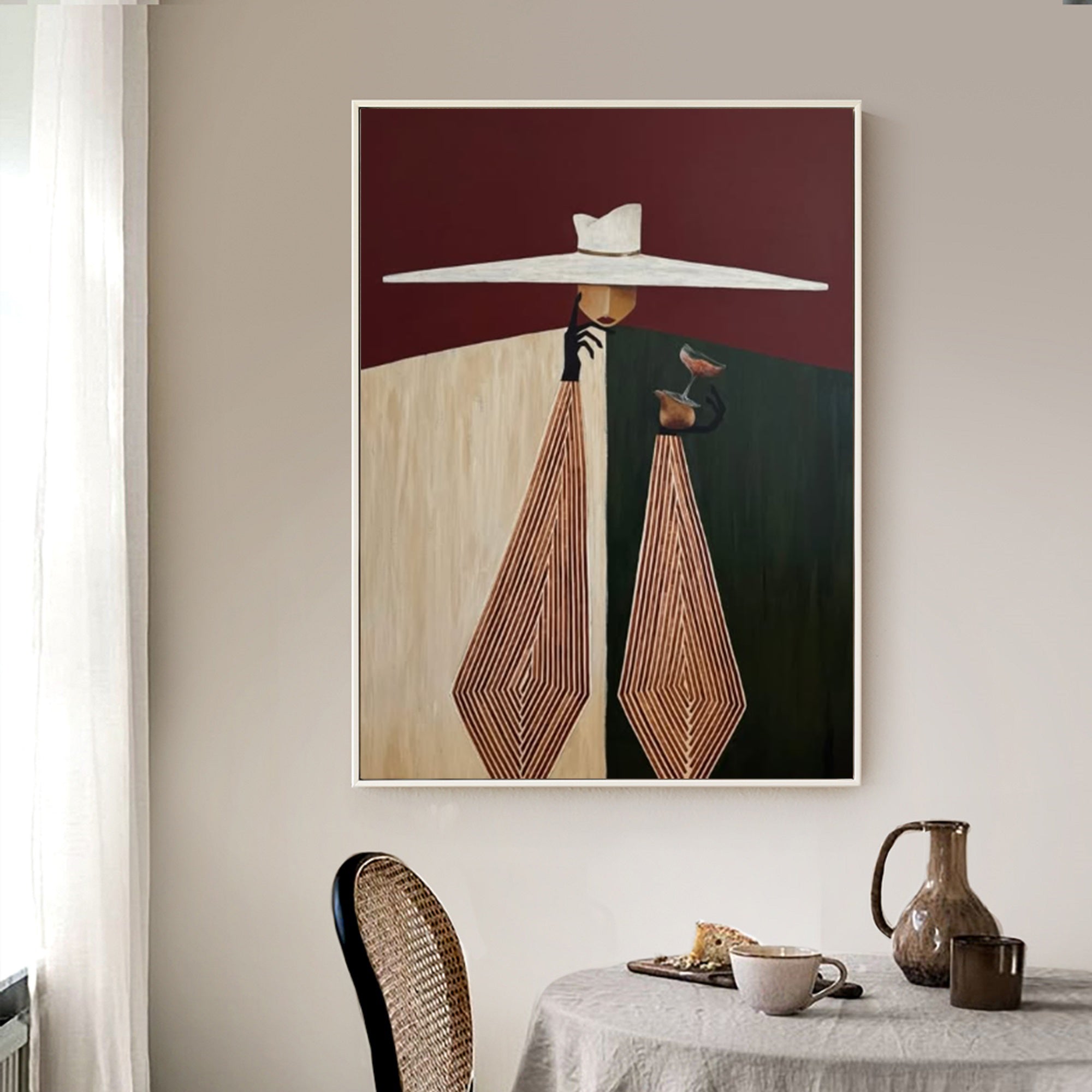 Burgundy Background Art Geometric Hand-Painted Abstract Oil Painting 