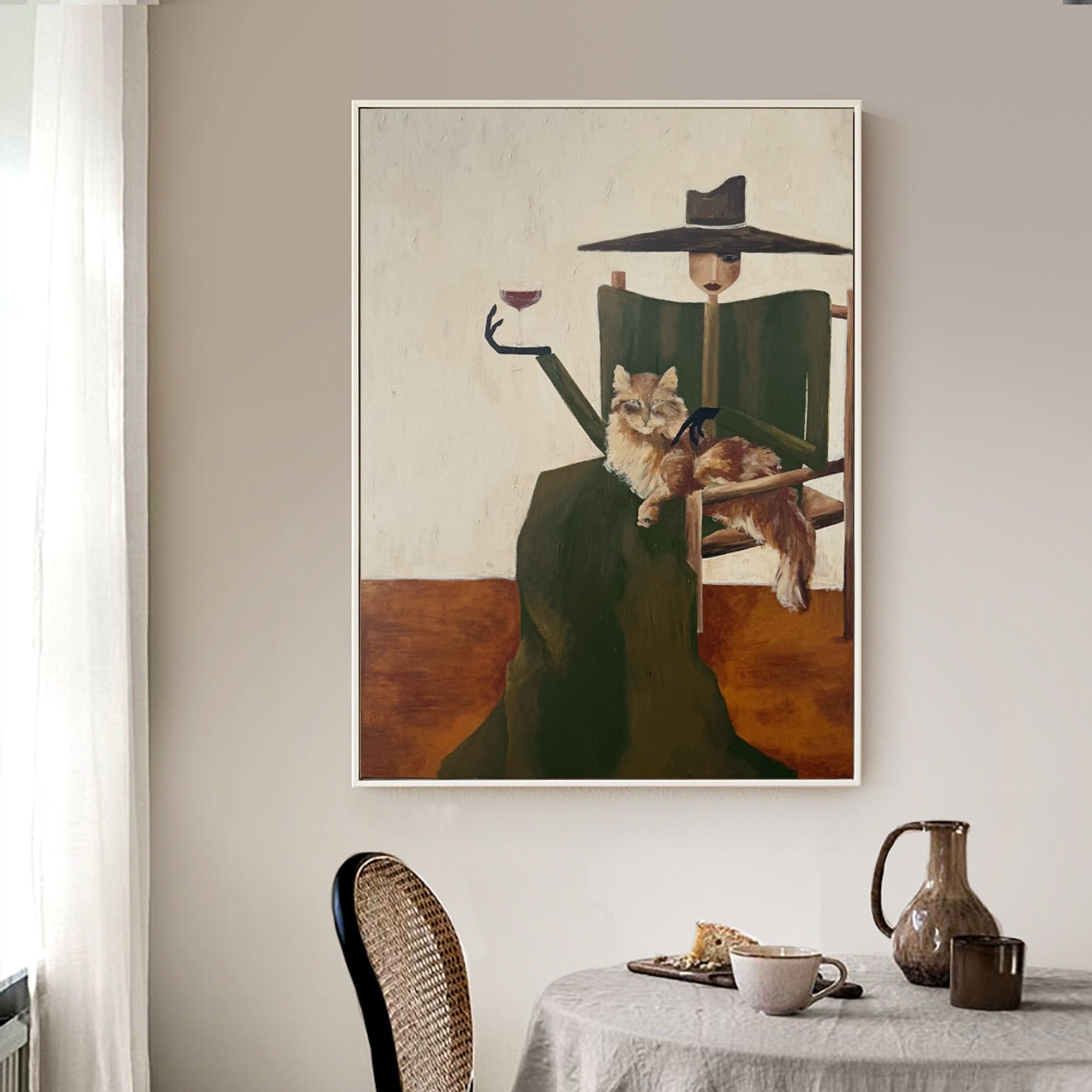 Hand-Painted Woman & Cat Oil Painting | Modern Minimalist Wall Art