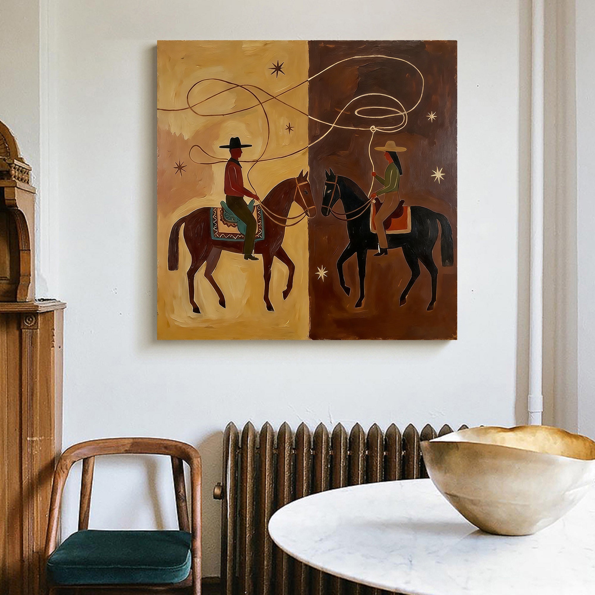 Minimalist Western oil art featuring two riders with a swirling lasso forming a heart-like loop, earthy tones, modern desert night theme.