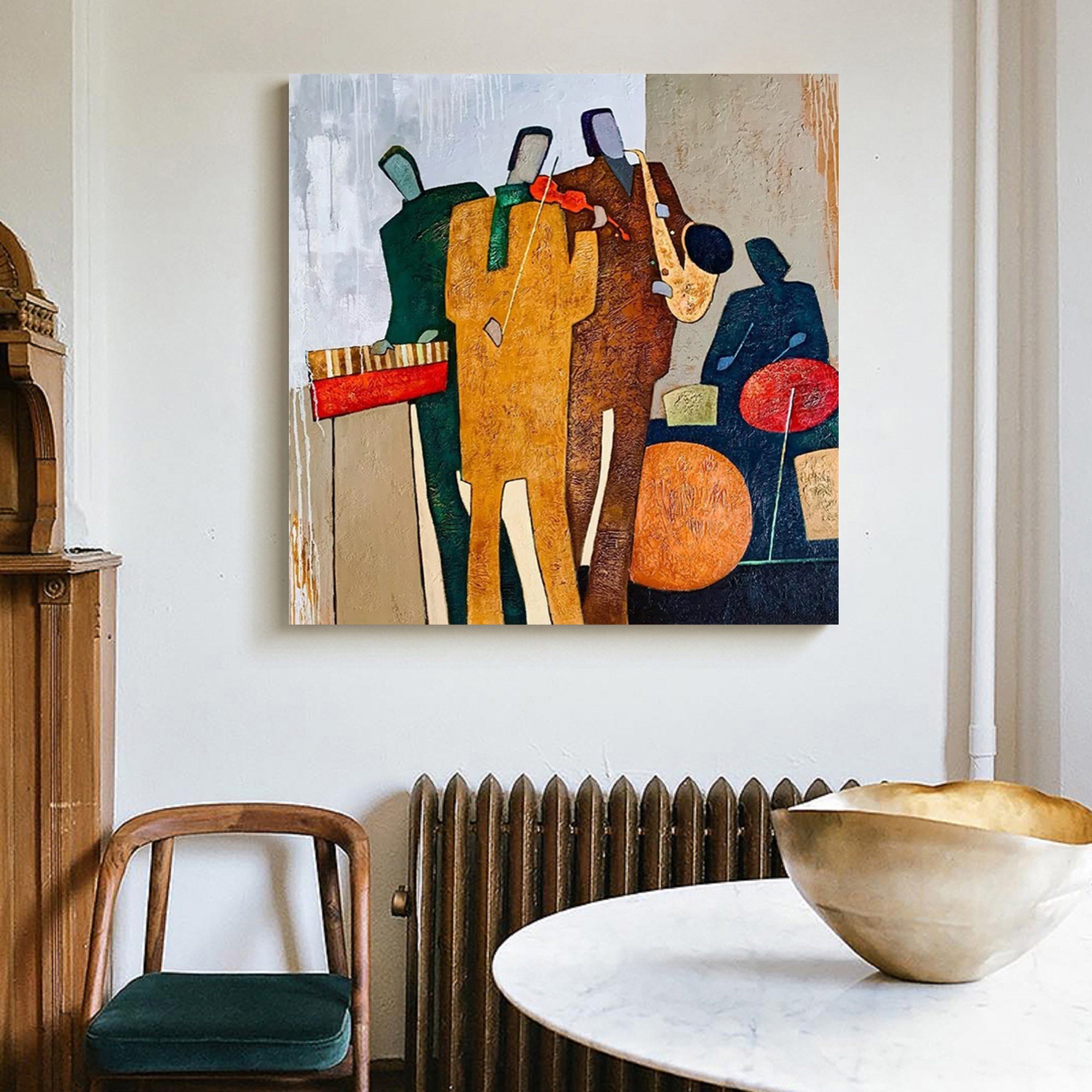 Mid-Century Modern Jazz Band Palette Knife Oil Painting - Abstract Musicians Wall Art