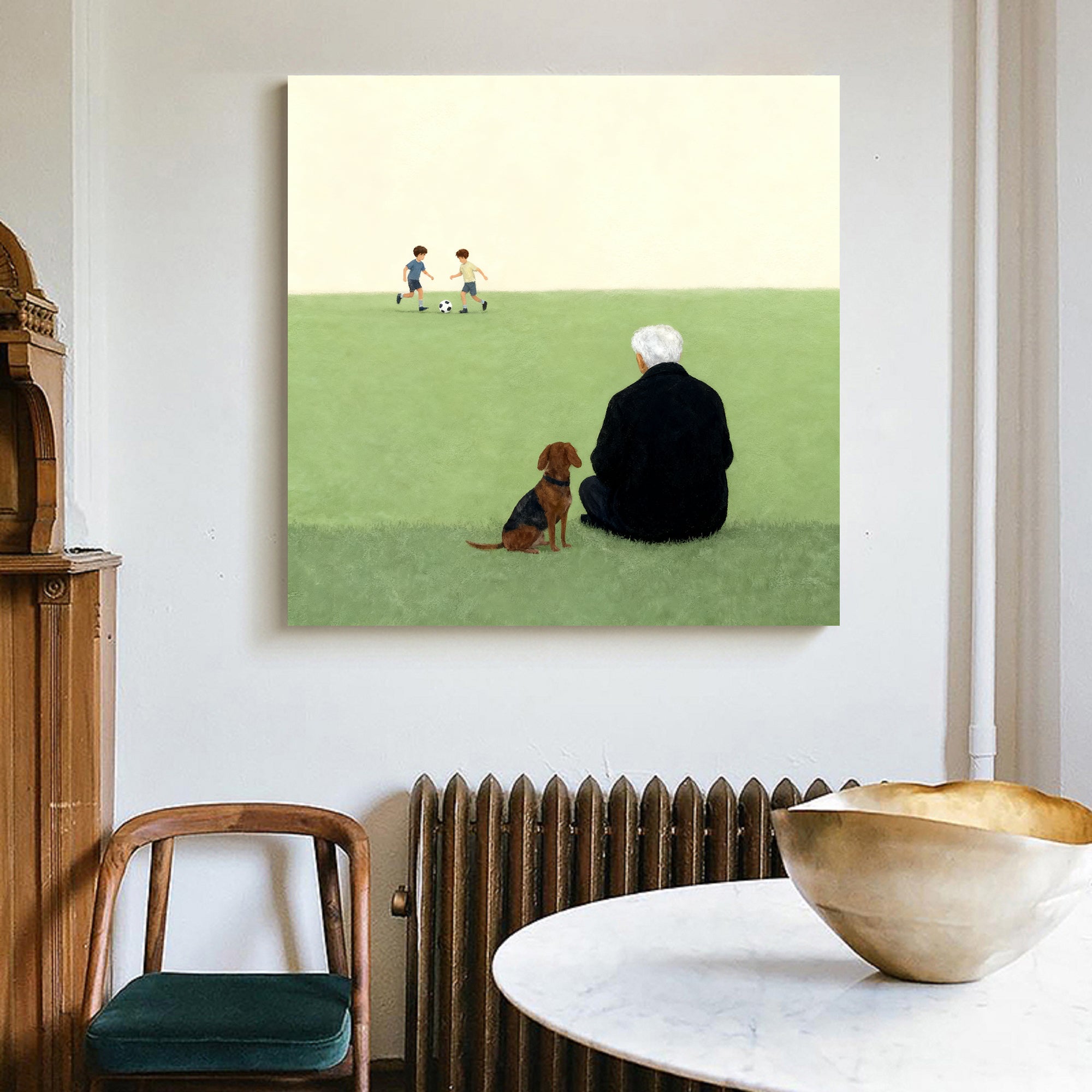 Elderly Man and Dog Oil Painting Nostalgic Senior & Pet Companion Wall Decor