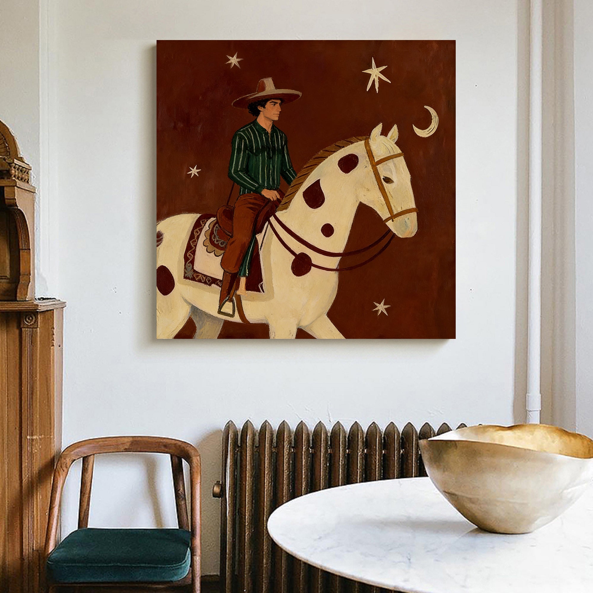 Man and Horse Art Equestrian Painting Mid Century Modern Horse Painting
