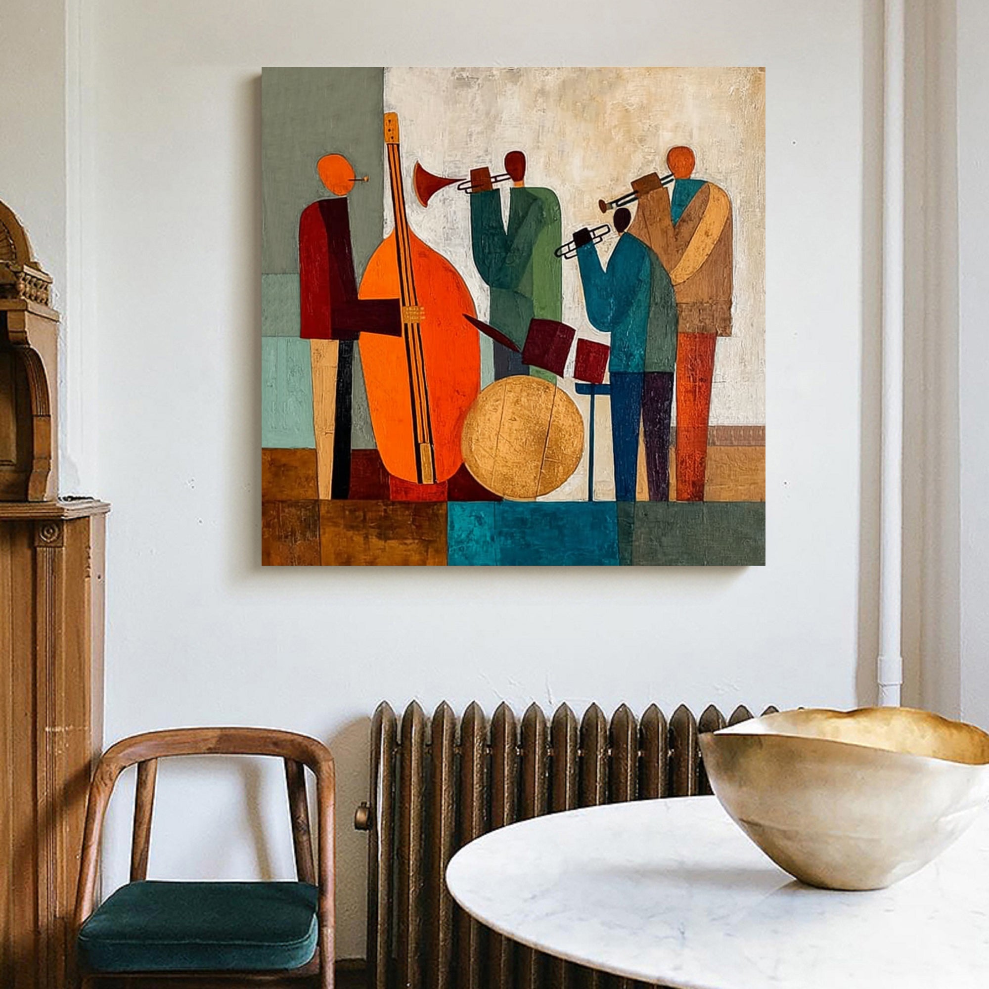 Abstract painting of musicians on a wall above a radiator with a chair and table in the foreground.