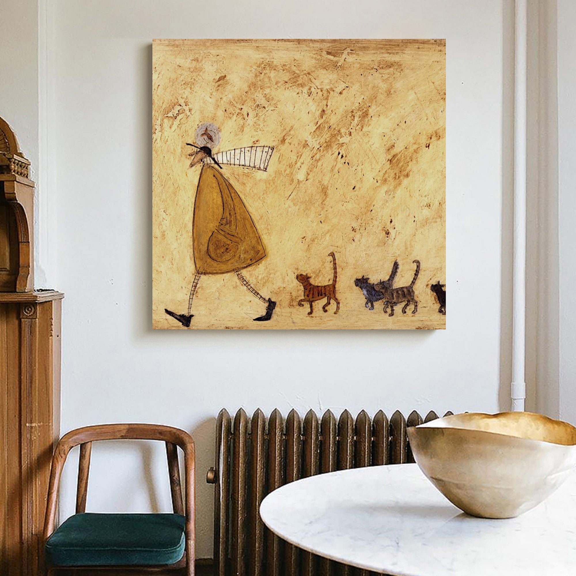 Cat Lover Gift Vintage Folk Art Painting Whimsical Cat Wall Art Rustic Home Decor