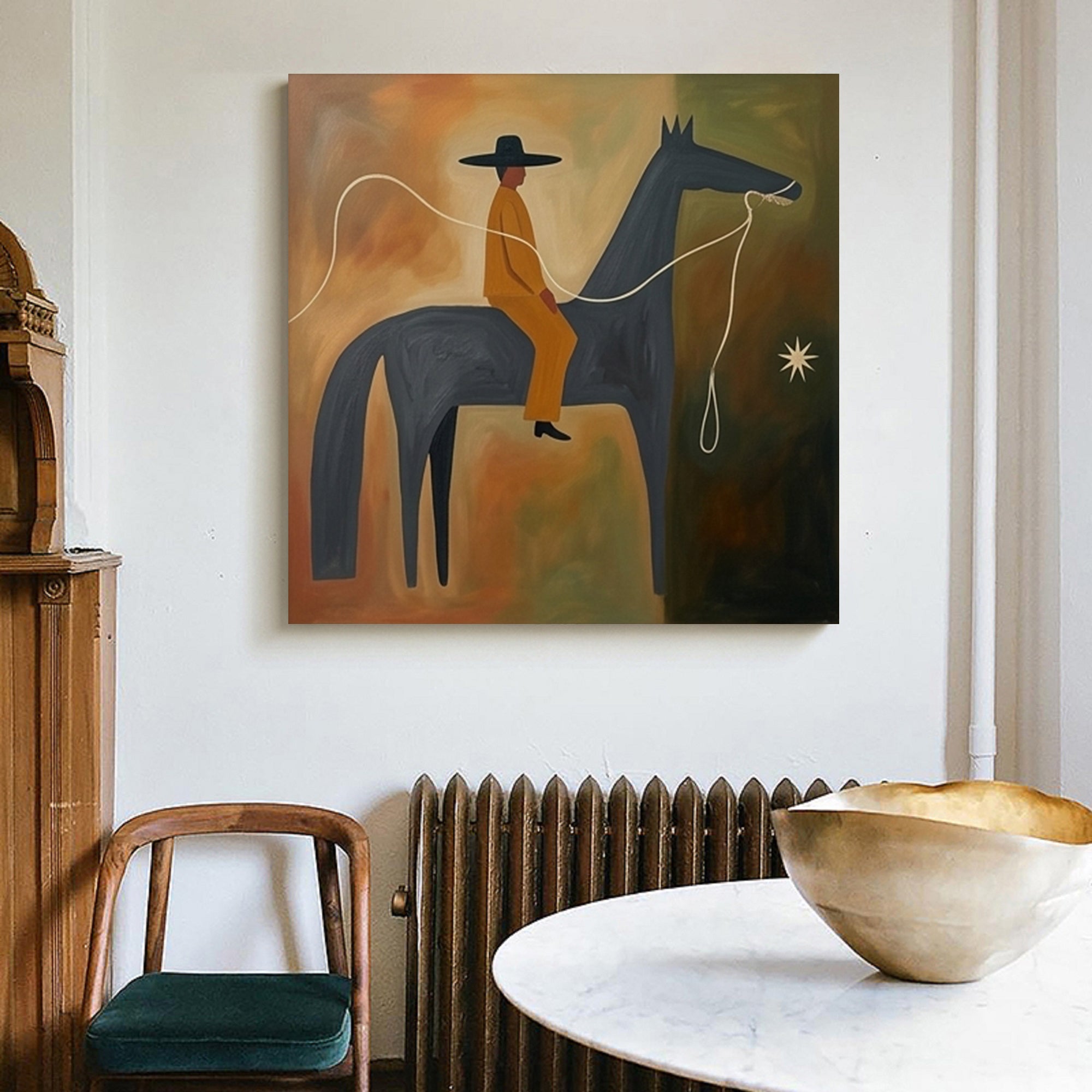 Earth Tone Modern Folk Art Horse Rider Oil Painting Mid-century Modern Art
