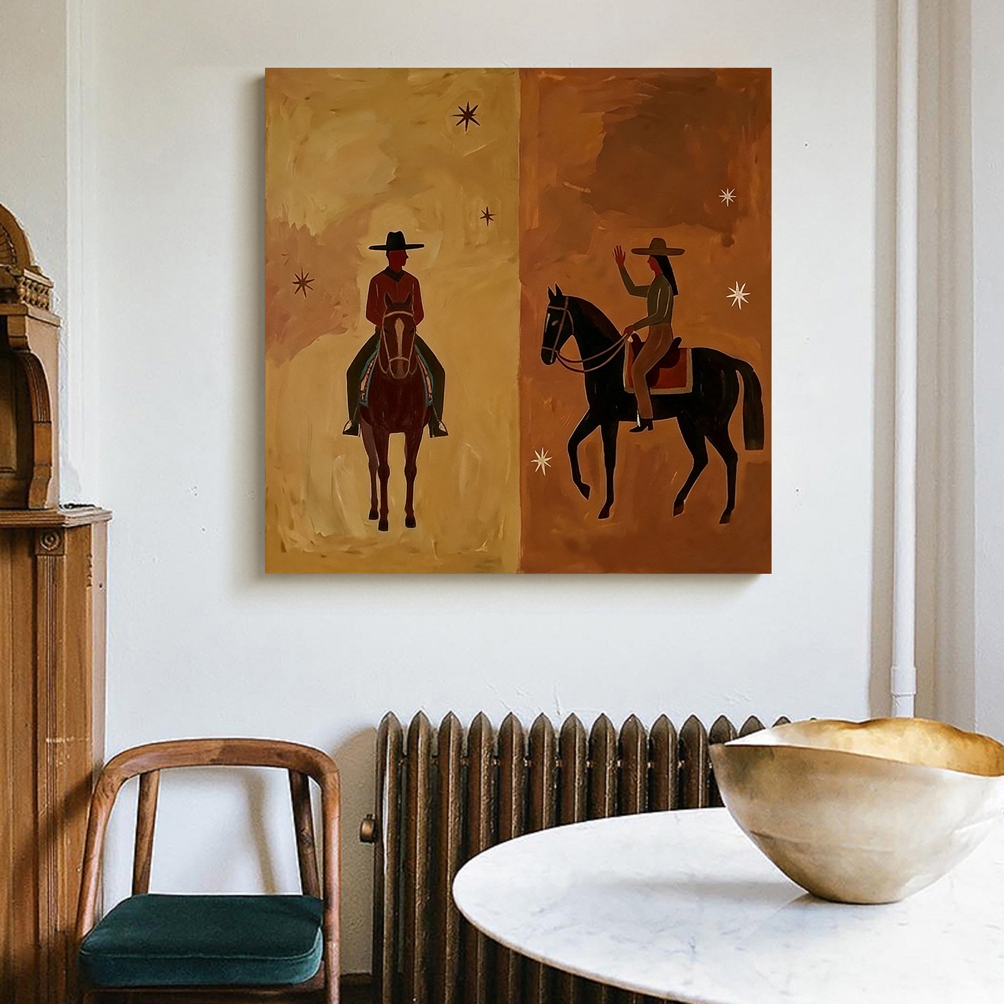 Hand-painted oil painting of a cowboy and cowgirl facing each other on horseback, split background in tan and brown with minimalist stars, Southwestern modern art style.