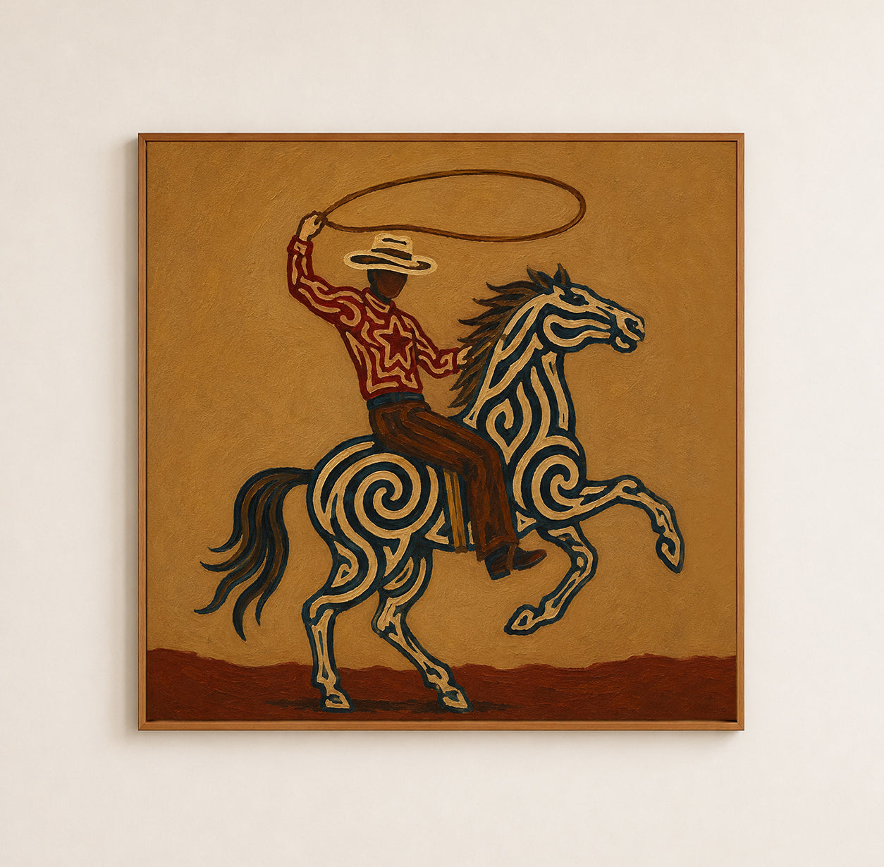 Cowboy Lasso Horse Art , Roping Horse Western Painting, Cowboy Throwing Lasso Wall Decor, Dynamic Rodeo Canvas Art