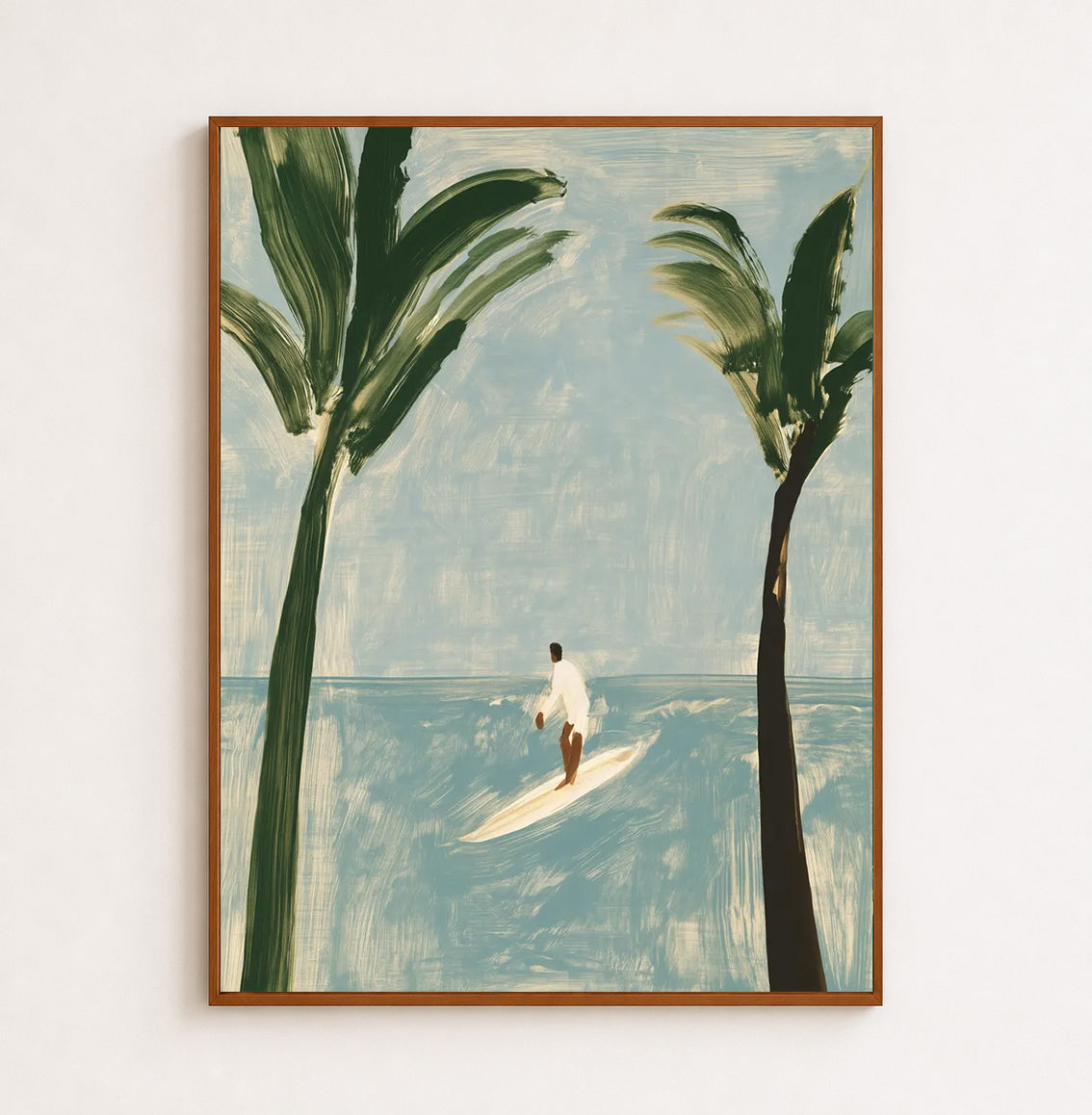 Surfer And Palm Trees Canvas Painting Modern Blue Beach Wall Art