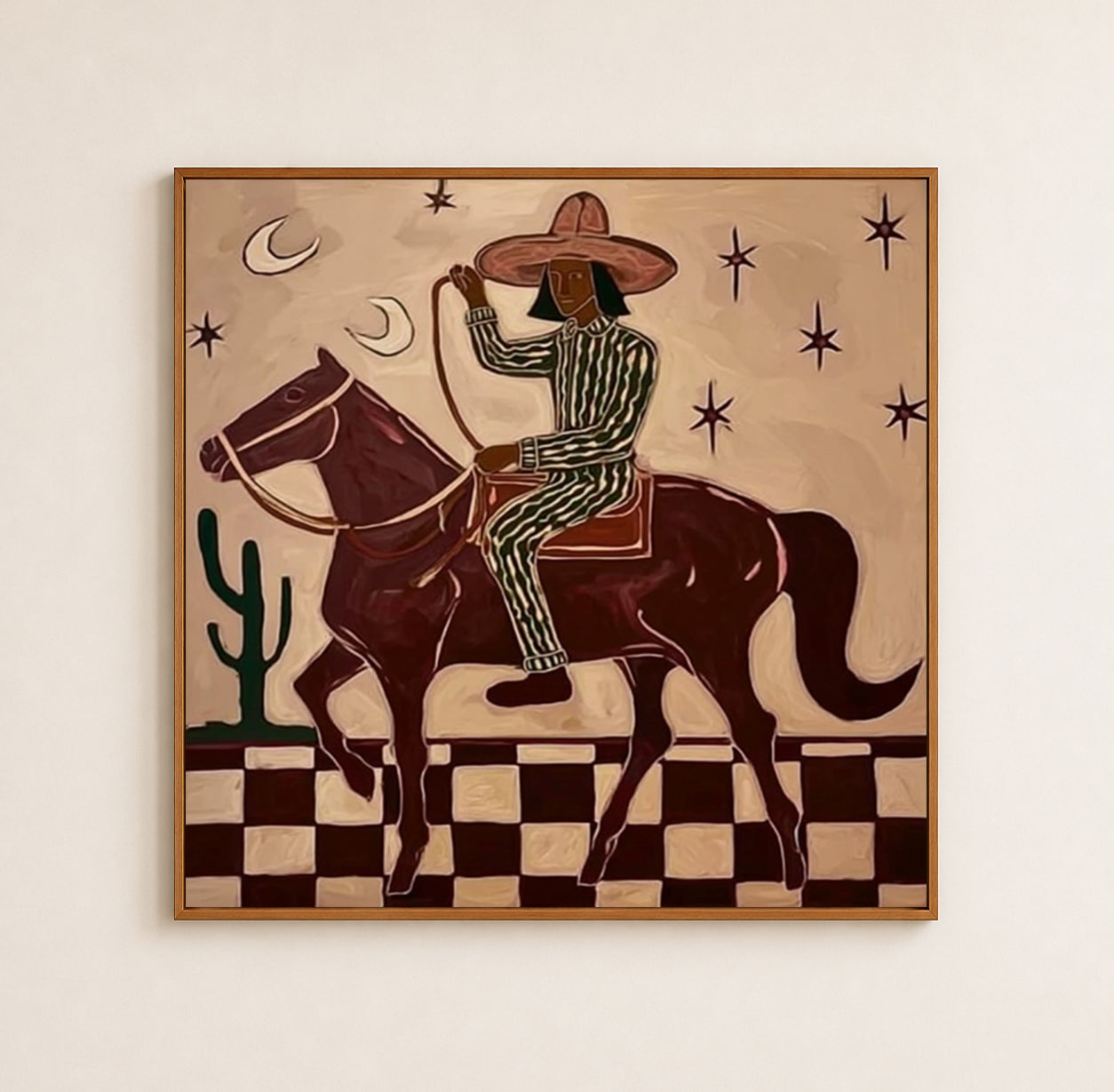 Figurative Horse And Rider Painting With Checkerboard Ground In Earth Tones