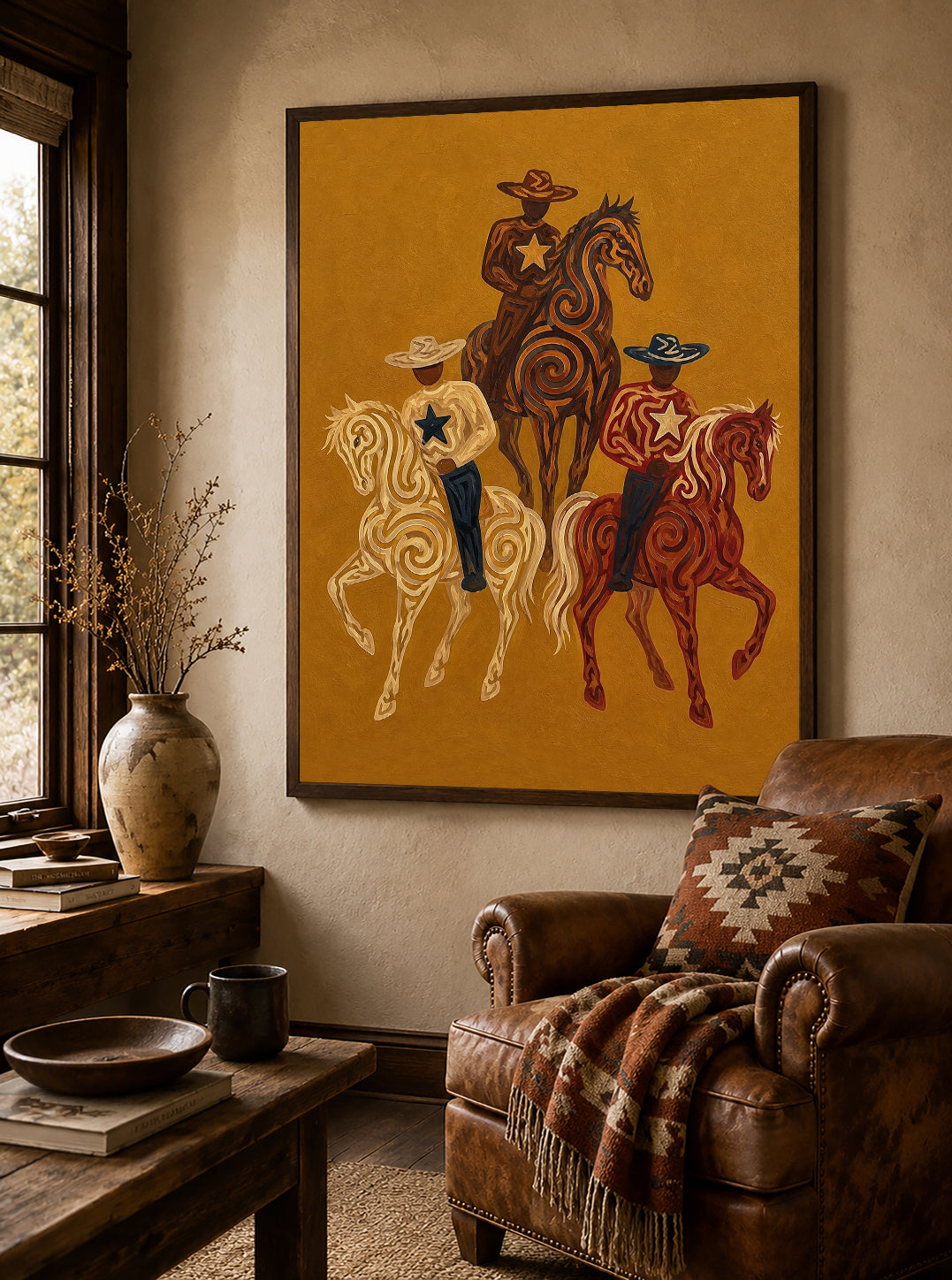 Western Cowboy Horse Oil Painting, Mustard Southwestern Wall Art, Hand Painted Ranch Decor