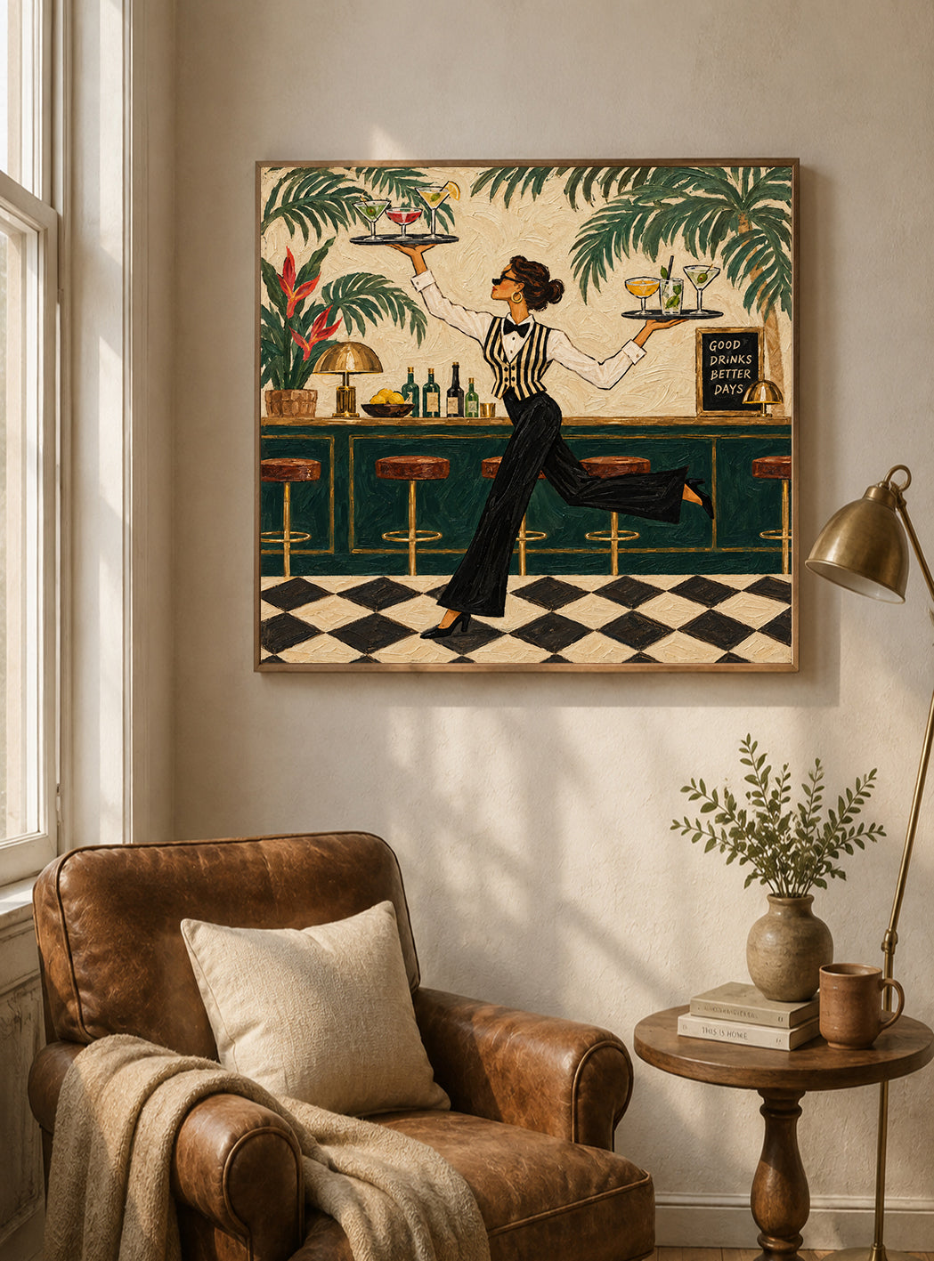 Stylish Bartender Canvas Painting With Cocktails And Tropical Plants For Home Bar Decor