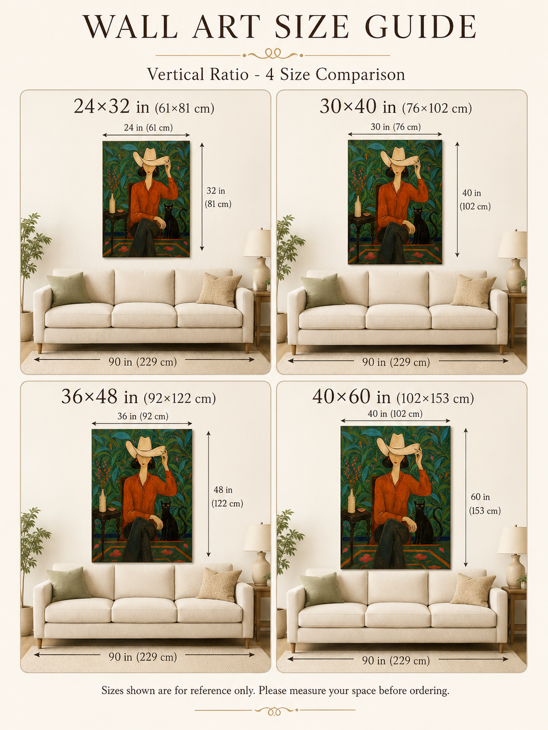Stylish Woman And Black Cat Painting In Folk Art Style For Living Room Decor