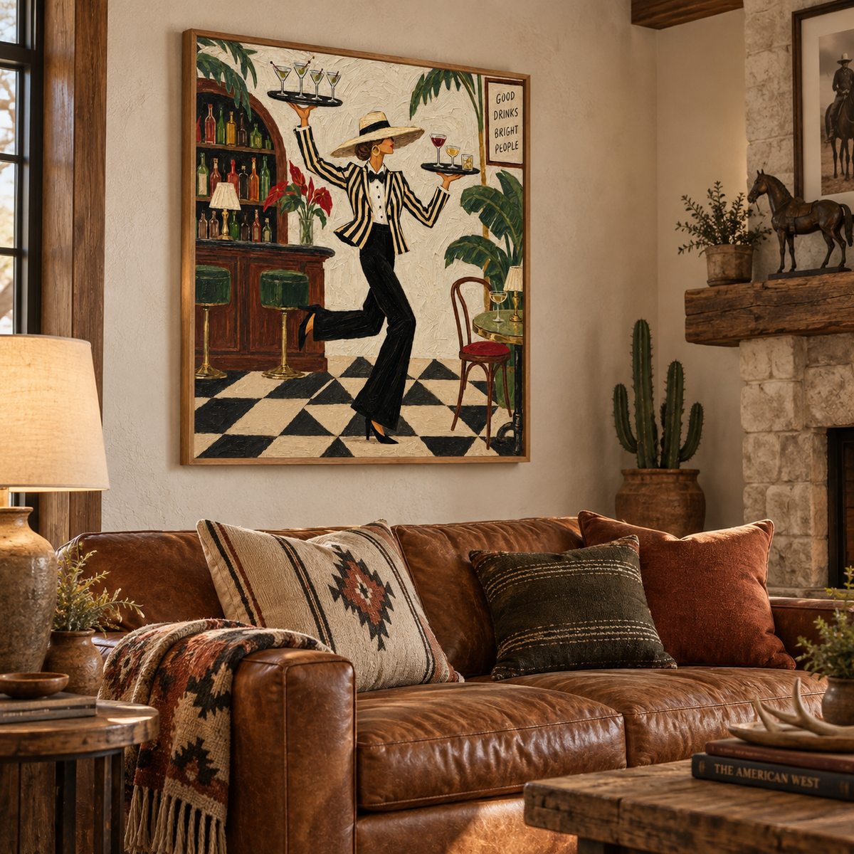 Vintage Waitress Canvas Painting With Cocktails And Tropical Bar Scene