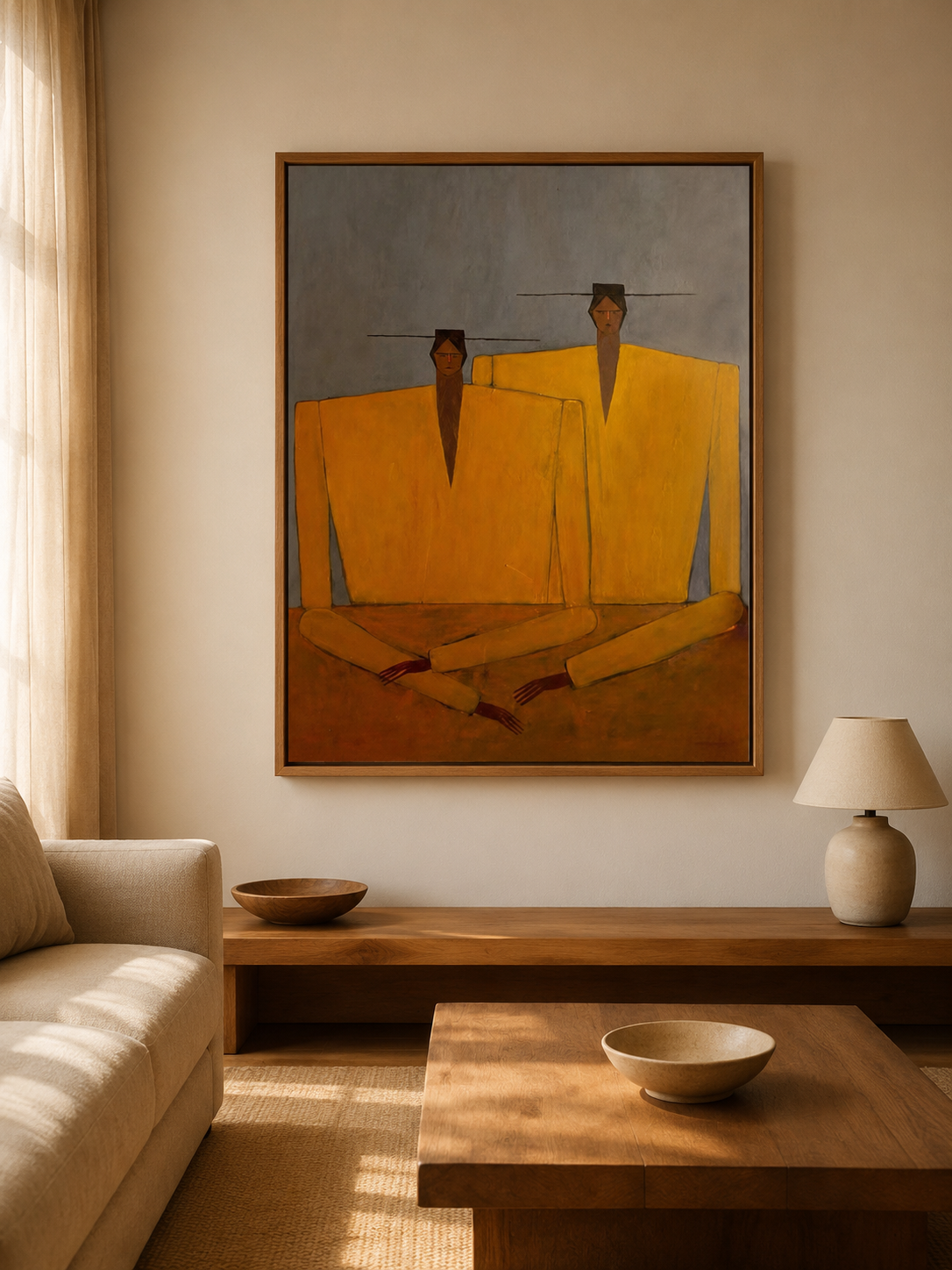 Hand-Painted Figurative Abstract Portrait Painting- Modern Yellow Statement Piece for Living Room