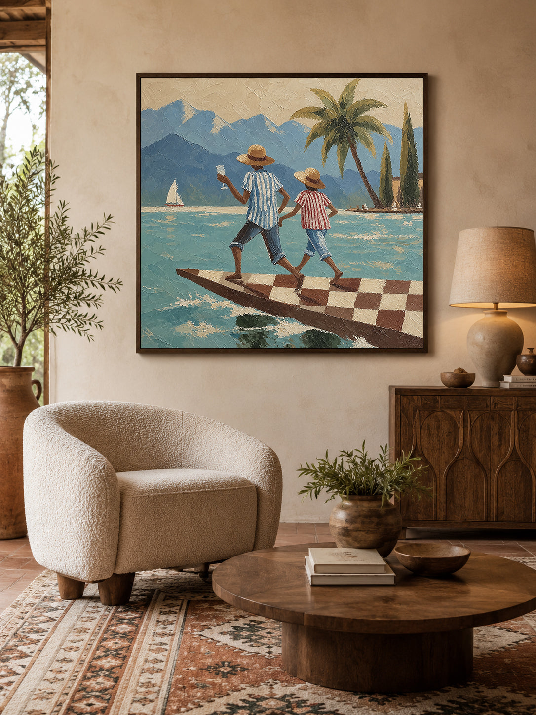Figurative Beach Scene Hand-Painted Canvas Art With Mountains And Sailboat In Bright Blue Tones