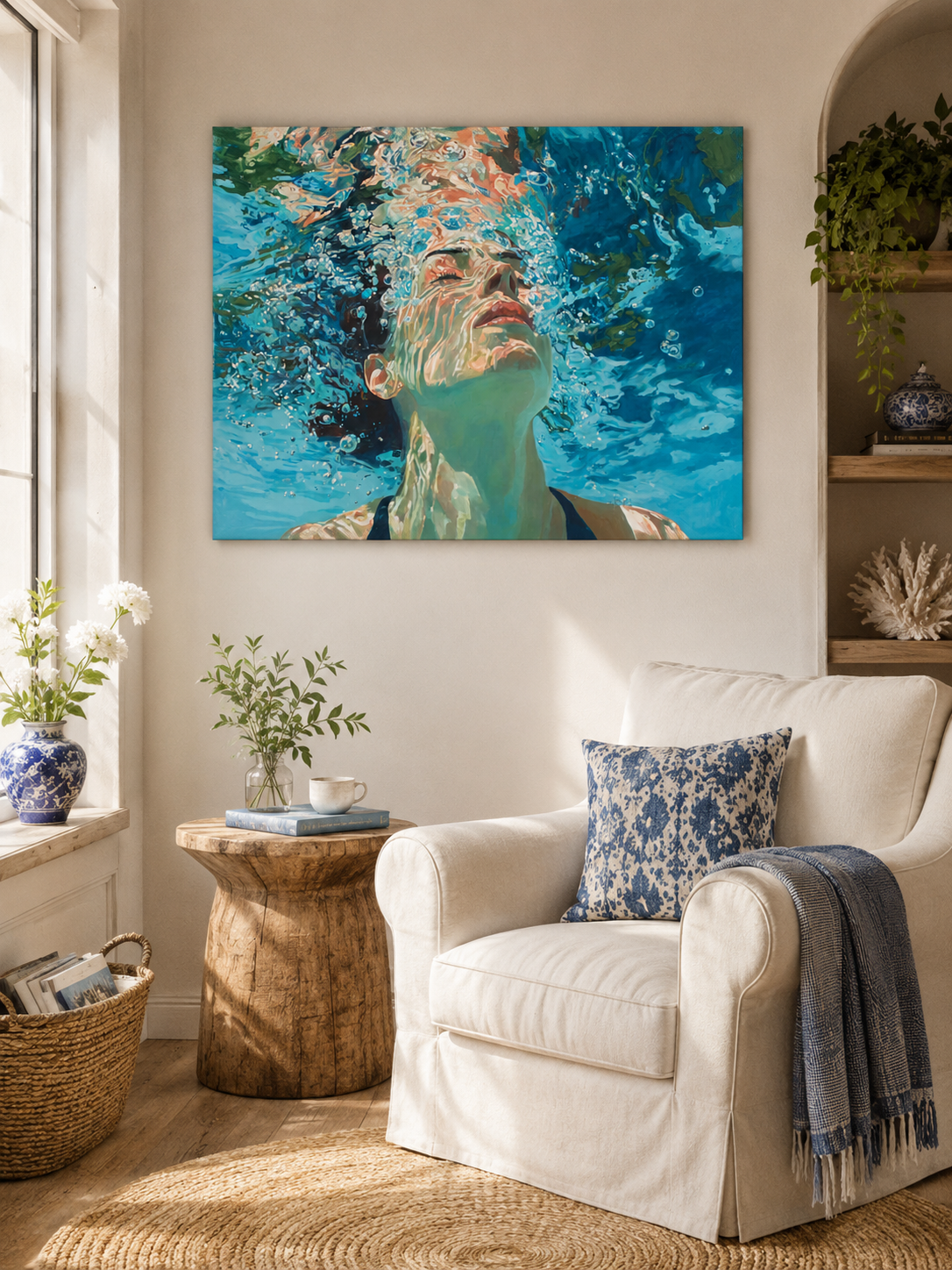 Ethereal Underwater Girl Painting With Bubbles For Coastal Bathroom Decor