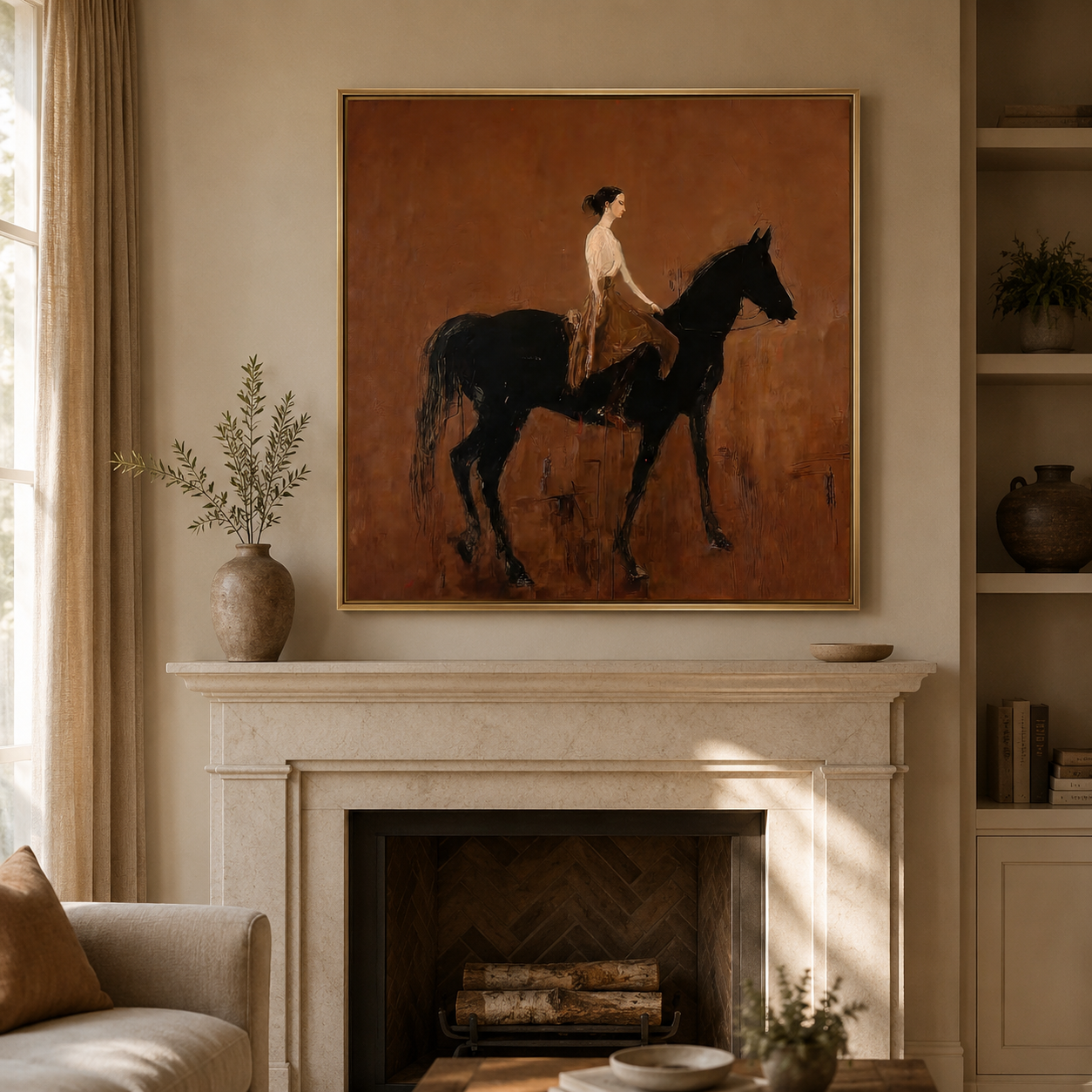 Vintage Brown Horse And Rider Painting Original Oil On Linen Canvas For Classic Home Decor