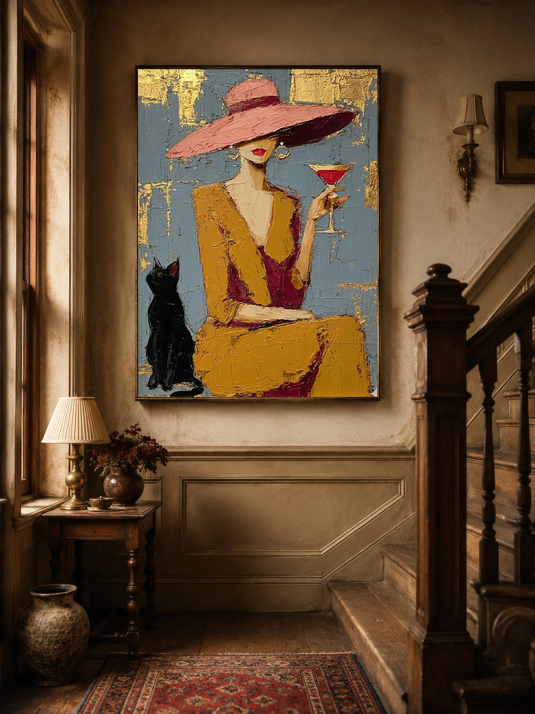 Elegant Lady With Black Cat Gold Foil Oil Painting For Bar Decor