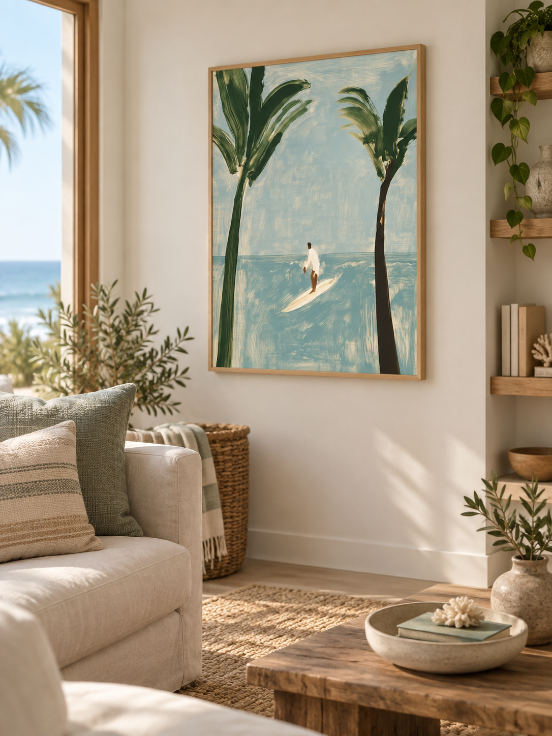 Surfer And Palm Trees Canvas Painting Modern Blue Beach Wall Art