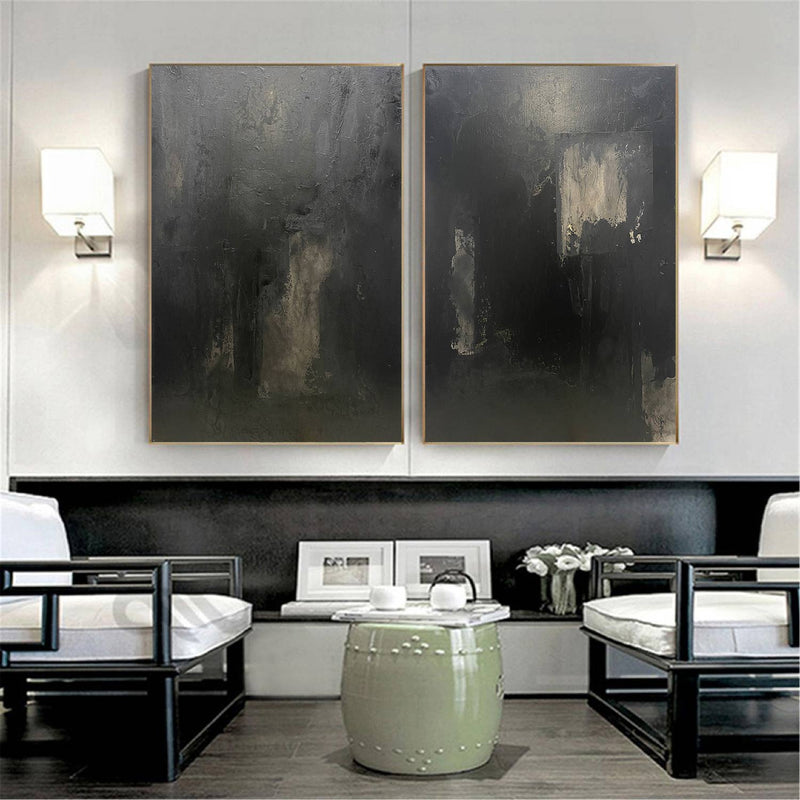 Set of 2 Black Wall Art Hallway Art Canvas Set of 2 Black Minimal Canvas Art Set of 2 Black Black Wabi-Sabi Wall Art