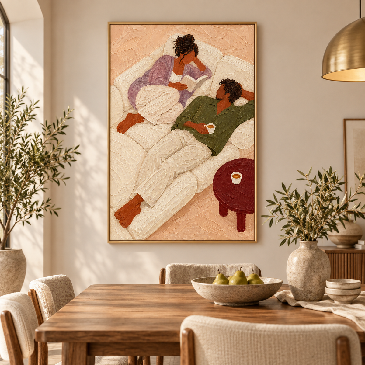 Cozy Couple Reading Painting Romantic Living Room Wall Art With Textured Couple Figure Painting