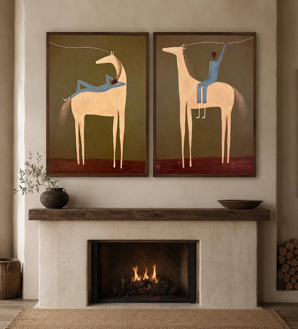 Vintage Minimalist Horse Painting Set Original Canvas Art For Living Room Decor