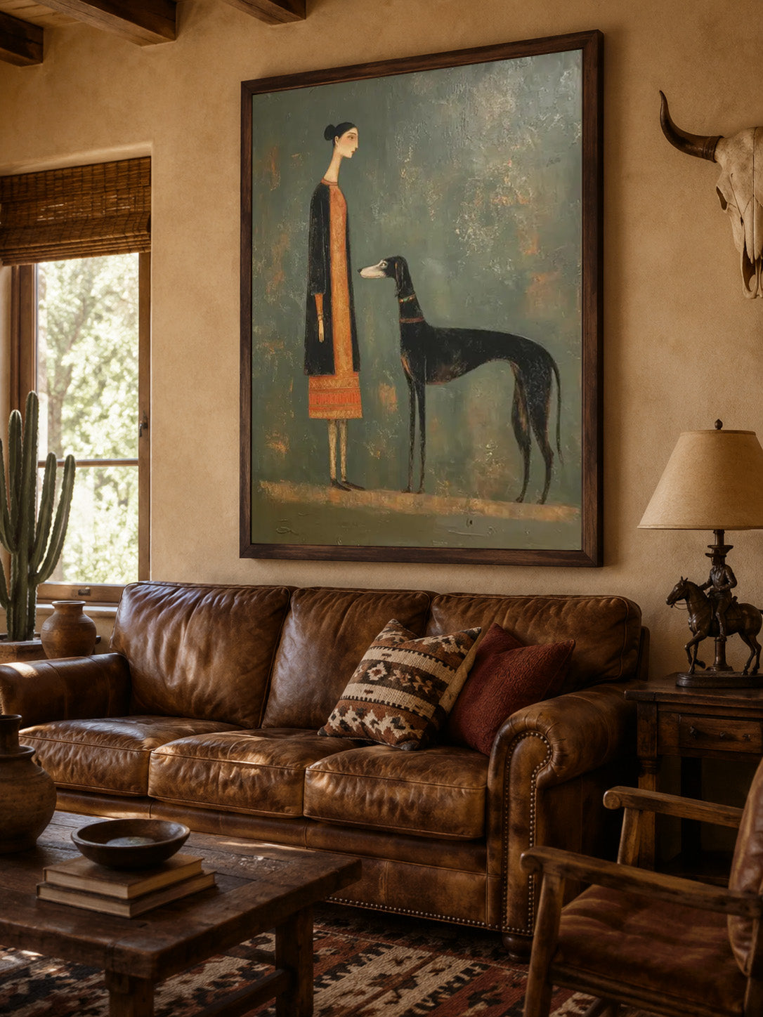 Vintage Woman And Dog Painting With Textured Sage Green Background For Living Room Decor