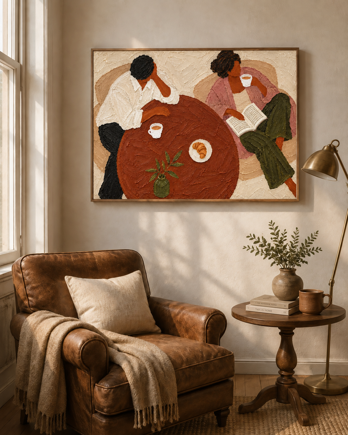 Vintage Couple Coffee Scene Hand-Painted Canvas Wall Art In Earth Tones