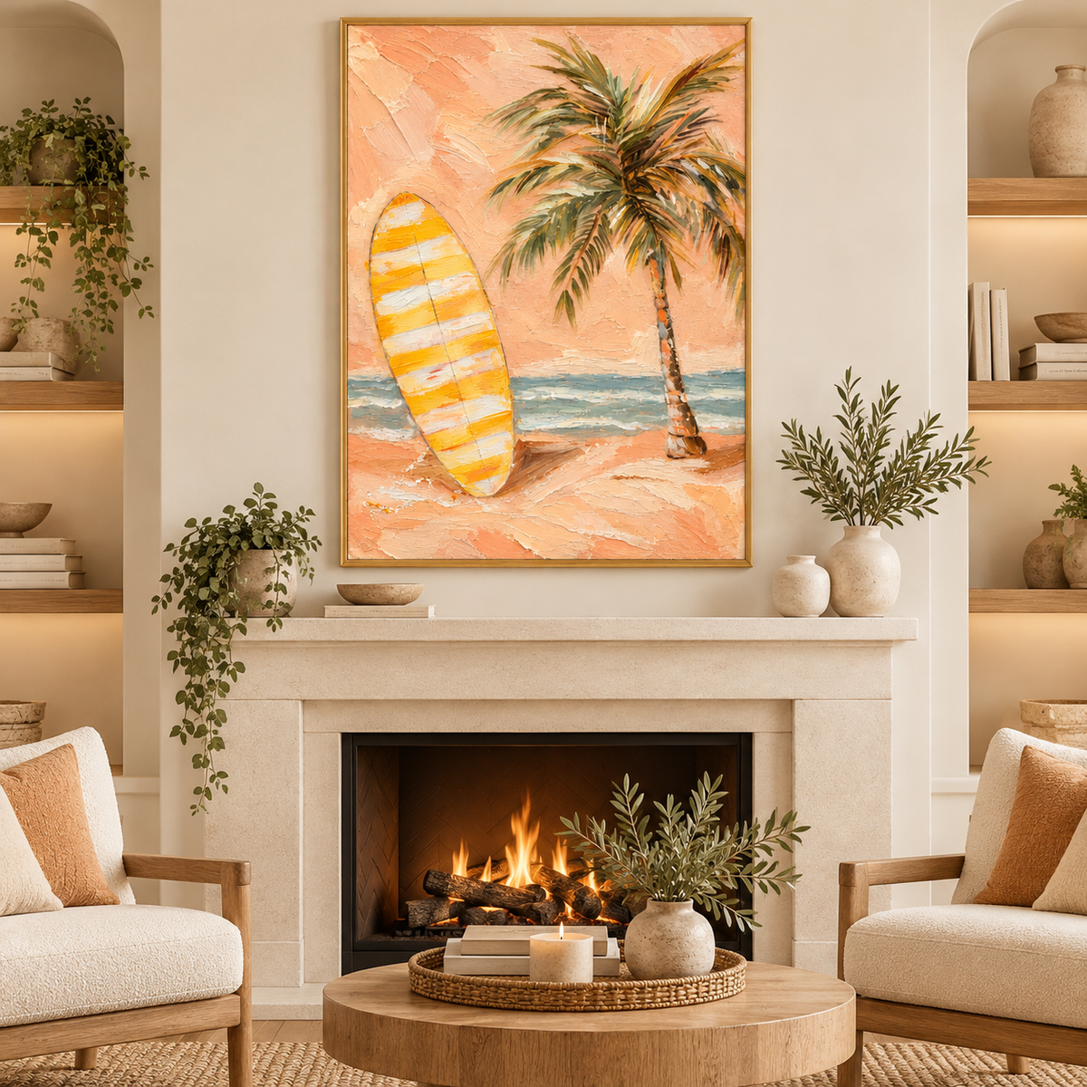 Tropical Surfboard Wall Art, Peach Beach Oil Painting, Palm Tree Textured Canvas