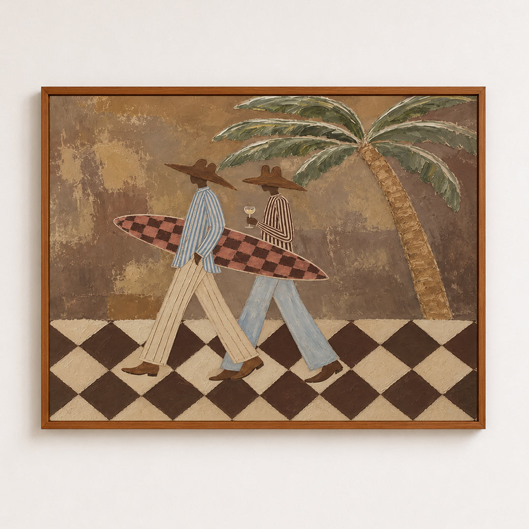 Vintage Cowboy Surf Art Hand-Painted Canvas With Palm Tree And Checkered Board
