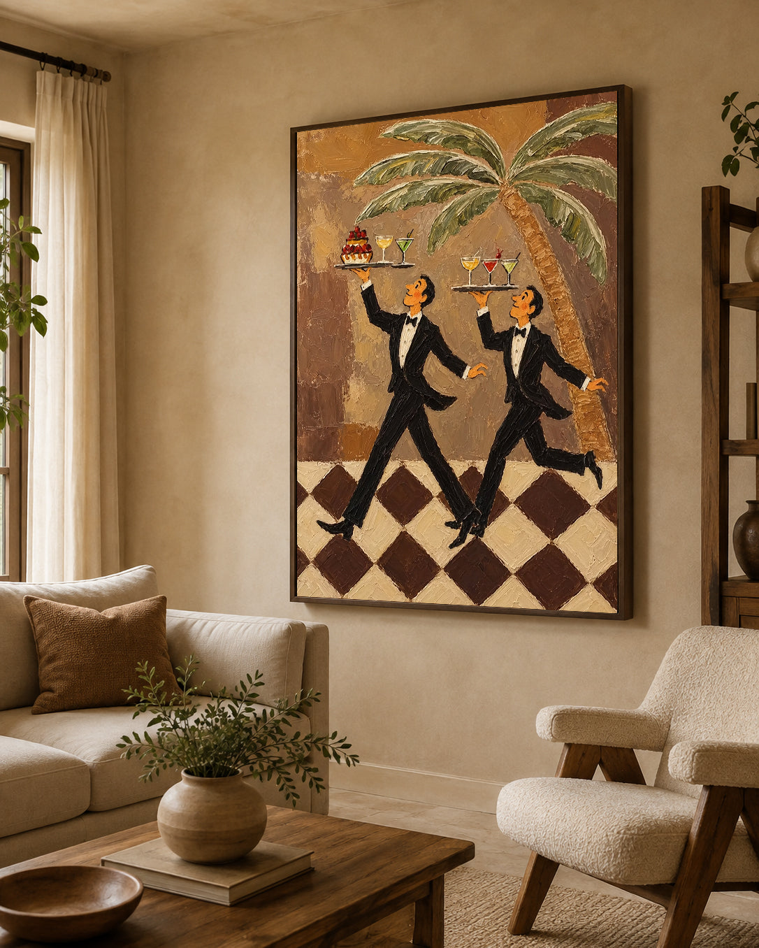 Tuxedo Waiter Canvas Art,Retro Bar Painting, Brown Checkered Floor Artwork