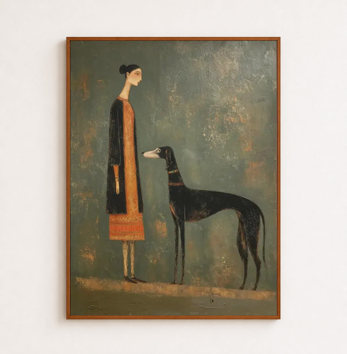 Vintage Woman And Dog Painting With Textured Sage Green Background For Living Room Decor