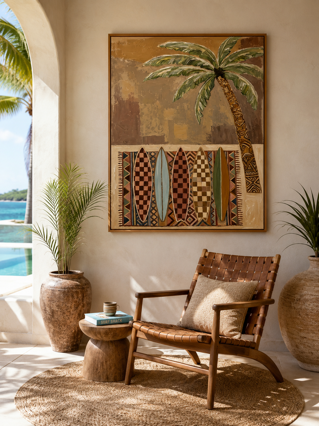 Bohemian Surfboard Painting With Palm Tree For Beach House Living Room Wall Art