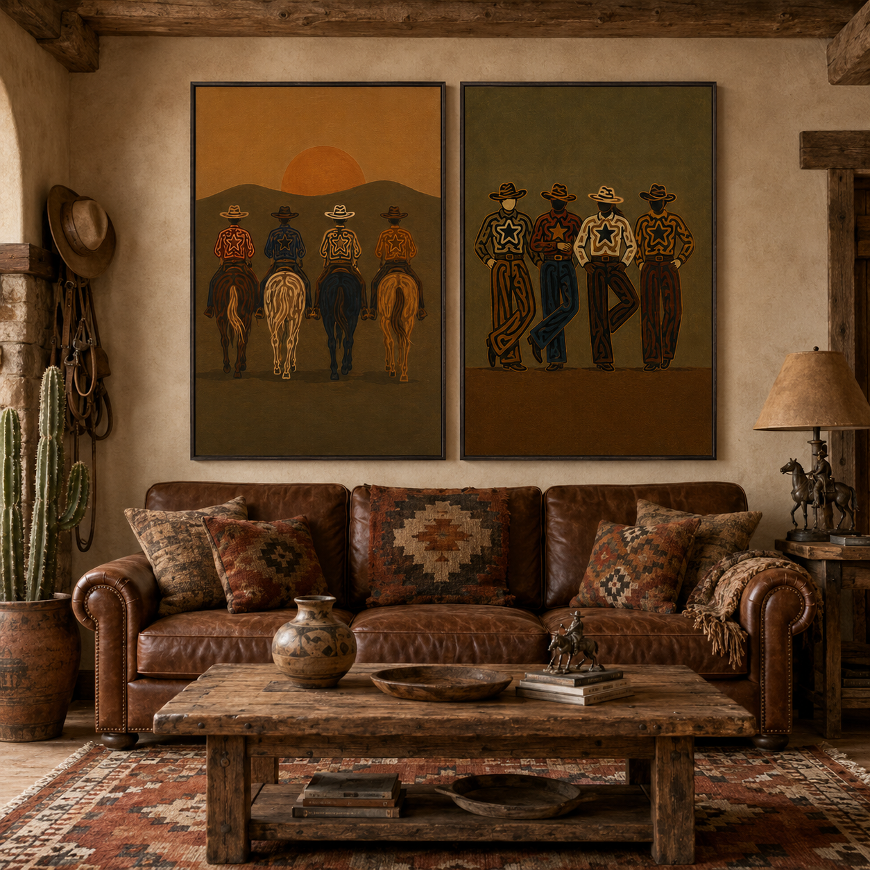 Vintage Sunset Cowboy Group Portrait Wall Art Set Of 2, Western Lifestyle Canvas Painting Vintage Cowboy Gang Decor