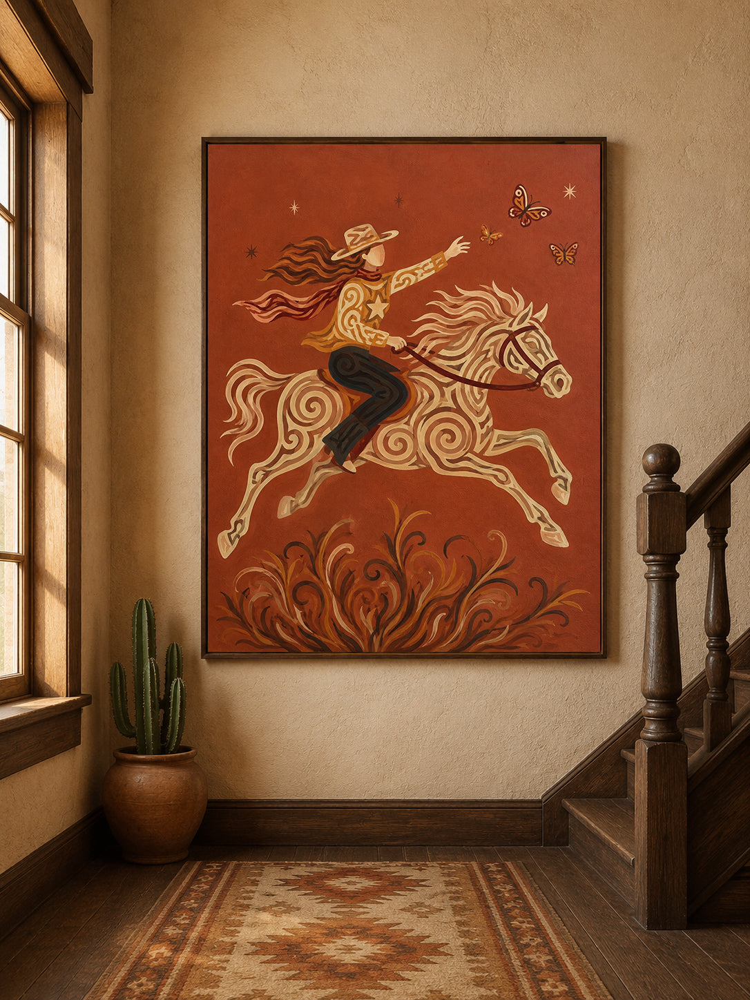 Cowgirl Riding Horse Canvas Painting Hand-Painted Western Art With Butterflies