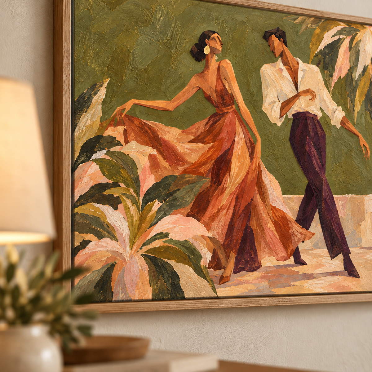 Vintage Dancing Couple Canvas Painting With Tropical Palms And Green Tones