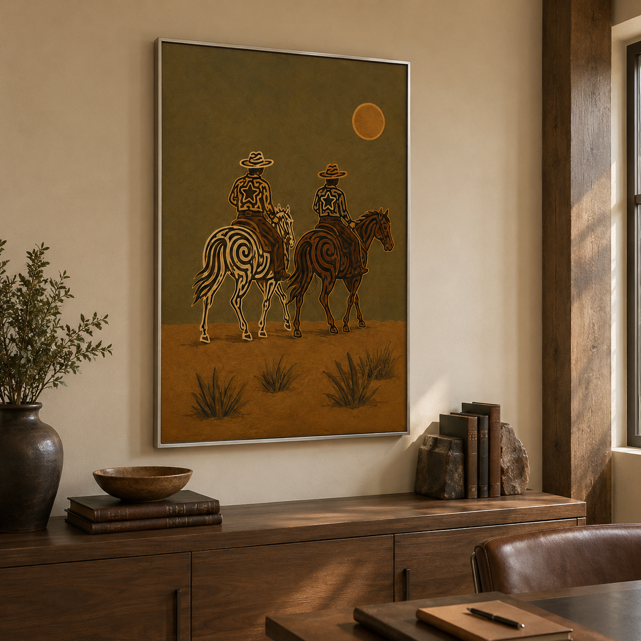 Moonlit Cowboys Painting, Western Horse Riders, Southwestern Desert Wall Art For Western Decor