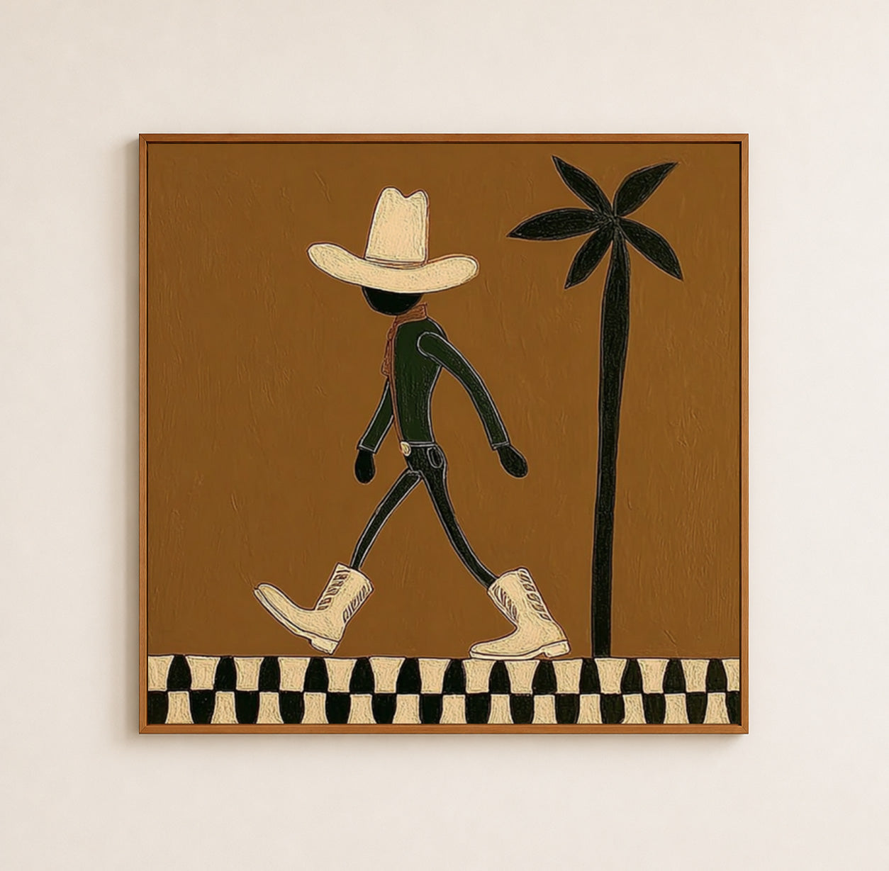 Vintage Cowboy Art With Palm Tree Minimalist Square Painting For Retro Home Decor
