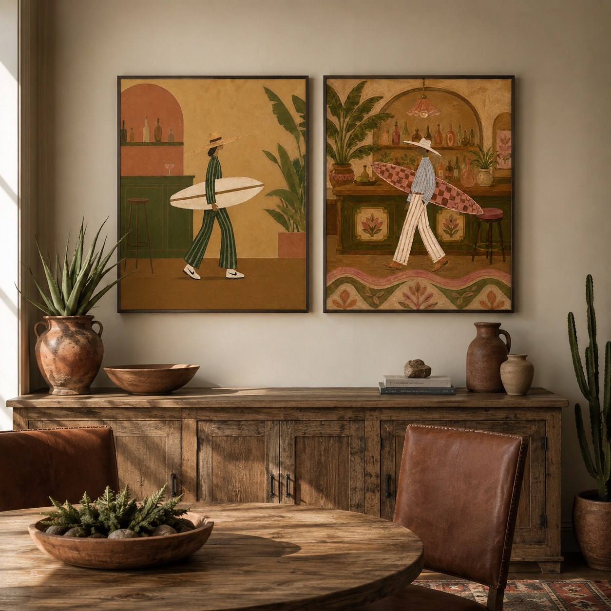 Retro Surfing And Bar Illustration Wall Art Set Of 2, Vintage Bohemian Aesthetic Canvas Painting For Living Room