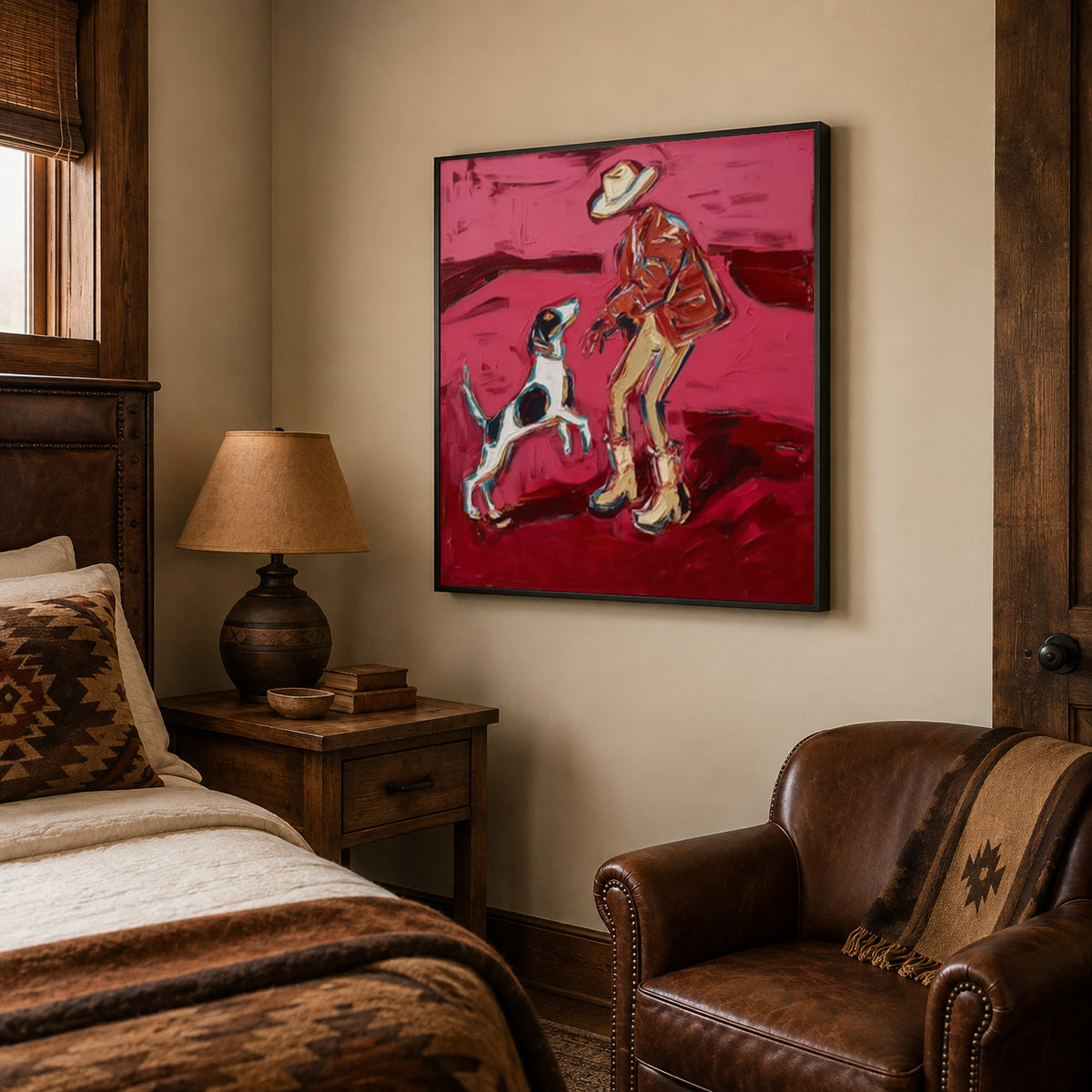 Cowboy And Dog Figurative Canvas Painting In Red Tones For Modern Western Decor
